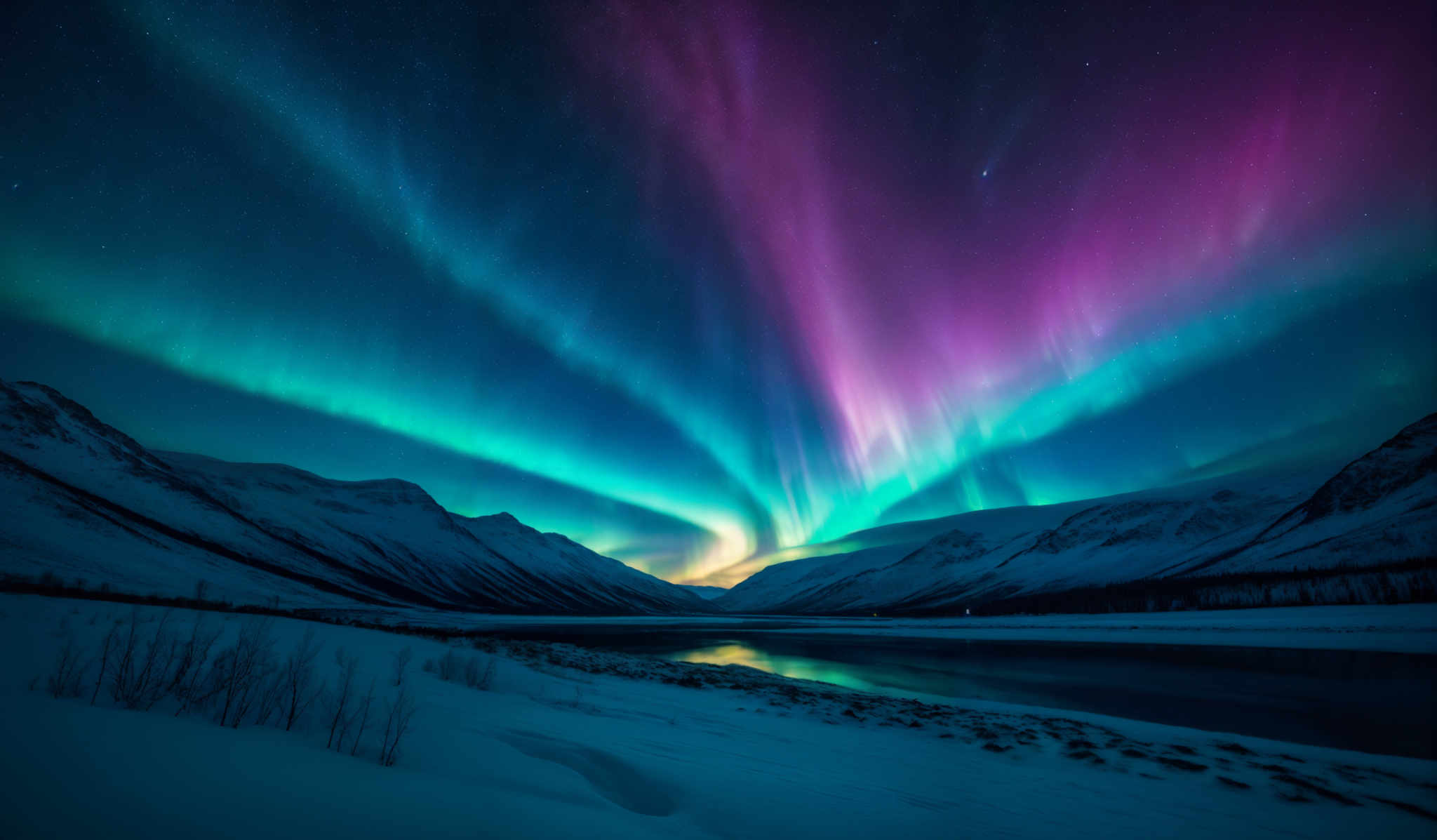 The image showcases the mesmerizing Northern Lights, also known as the Aurora Borealis. These lights display a vibrant array of colors, including deep blues, vibrants greens, and radiant pinks. The shape of the lights is wavy and streaks across the night sky, creating a breathtaking spectacle. The landscape below is snow-covered, with a serene body of water reflecting the colors of the sky. Surrounding the water are snow-clad mountains, and the entire scene is set under a starry night sky.