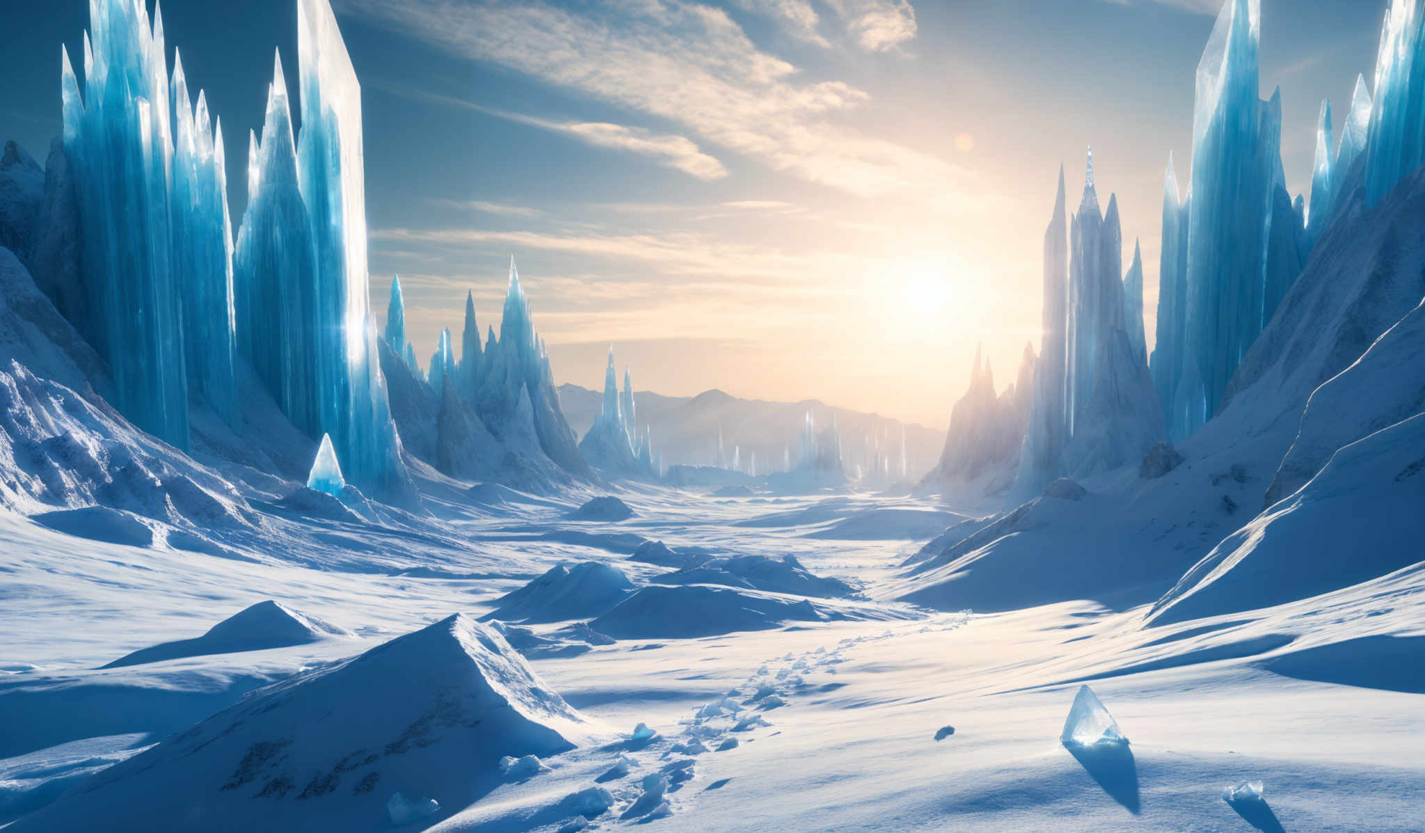 The image showcases a breathtaking icy landscape. Dominating the scene are tall, jagged ice formations that resemble towering spires. These ice structures are translucent, allowing the blue hues of the ice to shine through. The ground is covered in snow, with footprints leading towards the ice formulations. The sky is clear with a hint of clouds, and the sun casts a warm golden glow, contrasting with the cold blue tones of the icy environment.