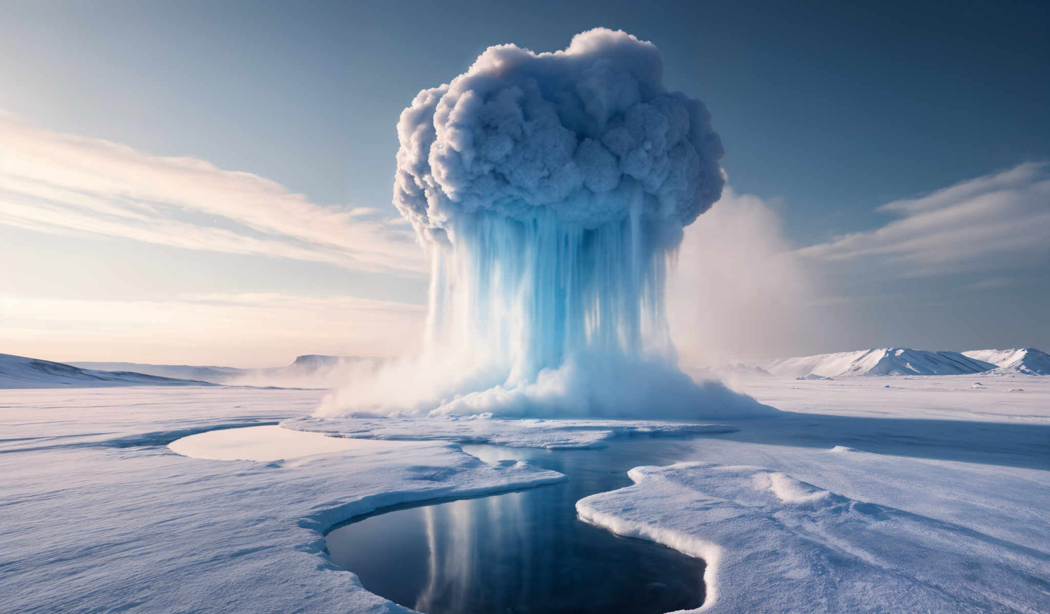 The image showcases a vast icy landscape with snow-covered mountains in the background. Dominating the foreground is a large, majestic waterfall that appears to be erupting from a frozen body of water. The waterfall is characterized by a thick, white cloud of mist at its top, which contrasts beautifully with the deep blue of the water. Surrounding the waterfall are pools of water that reflect the surrounding environment. The sky above is clear with a hint of clouds, and the overall color palette is dominated by shades of blue, white, and gray.