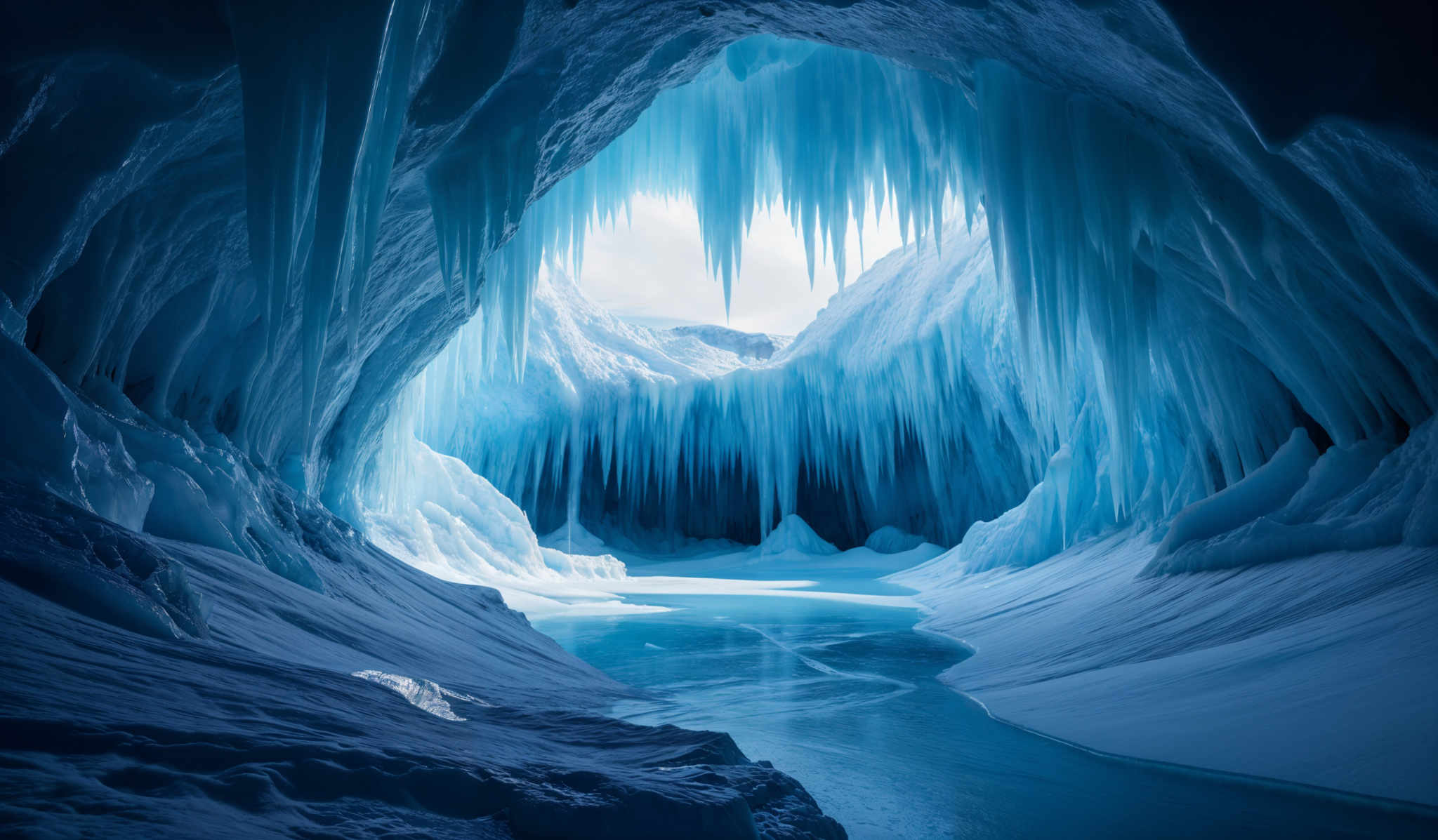 The image showcases a breathtaking view of an ice cave. The dominant colors are various shades of blue, ranging from deep navy to light icy blue. The cave's walls and ceiling are sculpted into intricate patterns, with icicles hanging down in a cascading manner. The floor appears to be made of smooth ice, reflecting the light from above. The center of the cave opens up to a serene blue pool of water, which mirrors the surrounding ice formations. The overall ambiance is serene, cold, and ethereal.