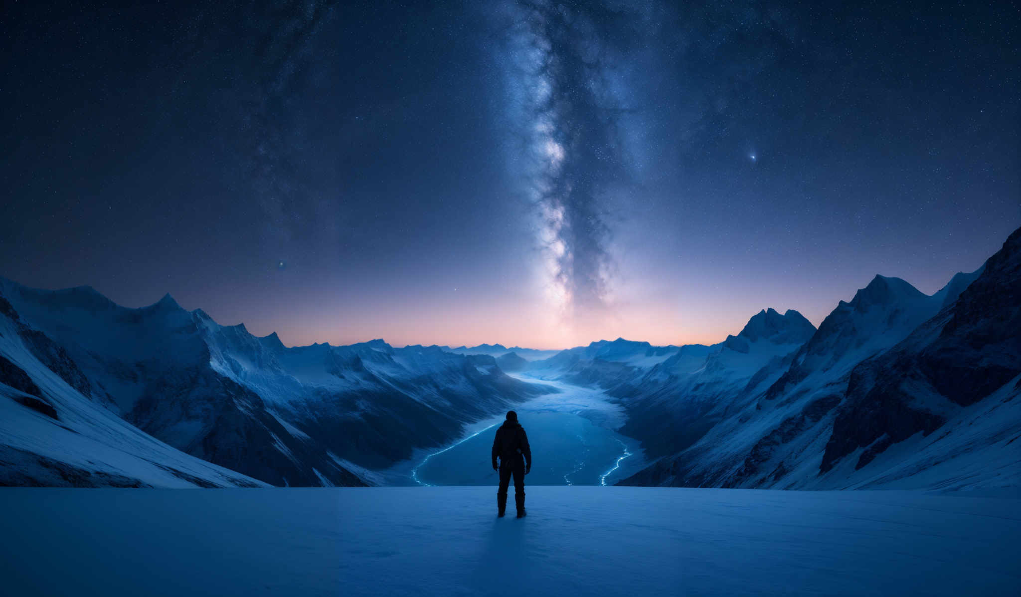 The image showcases a breathtaking night landscape. The dominant colors are deep blues and whites, representing the night sky and snowy mountains. The Milky Way galaxy is prominently visible, stretching vertically across the sky with its dense cluster of stars and cosmic dust. The mountains are jagged and snow-covered, with sharp peaks and valleys. In the foreground, a lone figure stands, silhouetted against the bright horizon, possibly observing the vastness of the universe. The horizon glows with a soft orange hue, possibly from a setting or rising sun, and there's a winding river or road that snakes through the valley below.