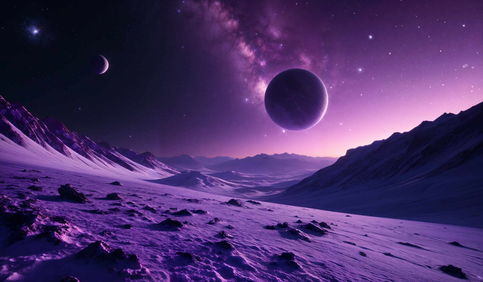 The image showcases a breathtaking celestial landscape. Dominating the scene is a vast, snow-covered mountain range with jagged peaks. The sky is a mesmerizing blend of purples, pinks, and blues, dotted with stars and a prominent Milky Way galaxy. Two celestIAL bodies, possibly planets or moons, hover in the sky, casting shadows on the snowy terrain below. The overall ambiance is serene, with a touch of mystery and wonder.