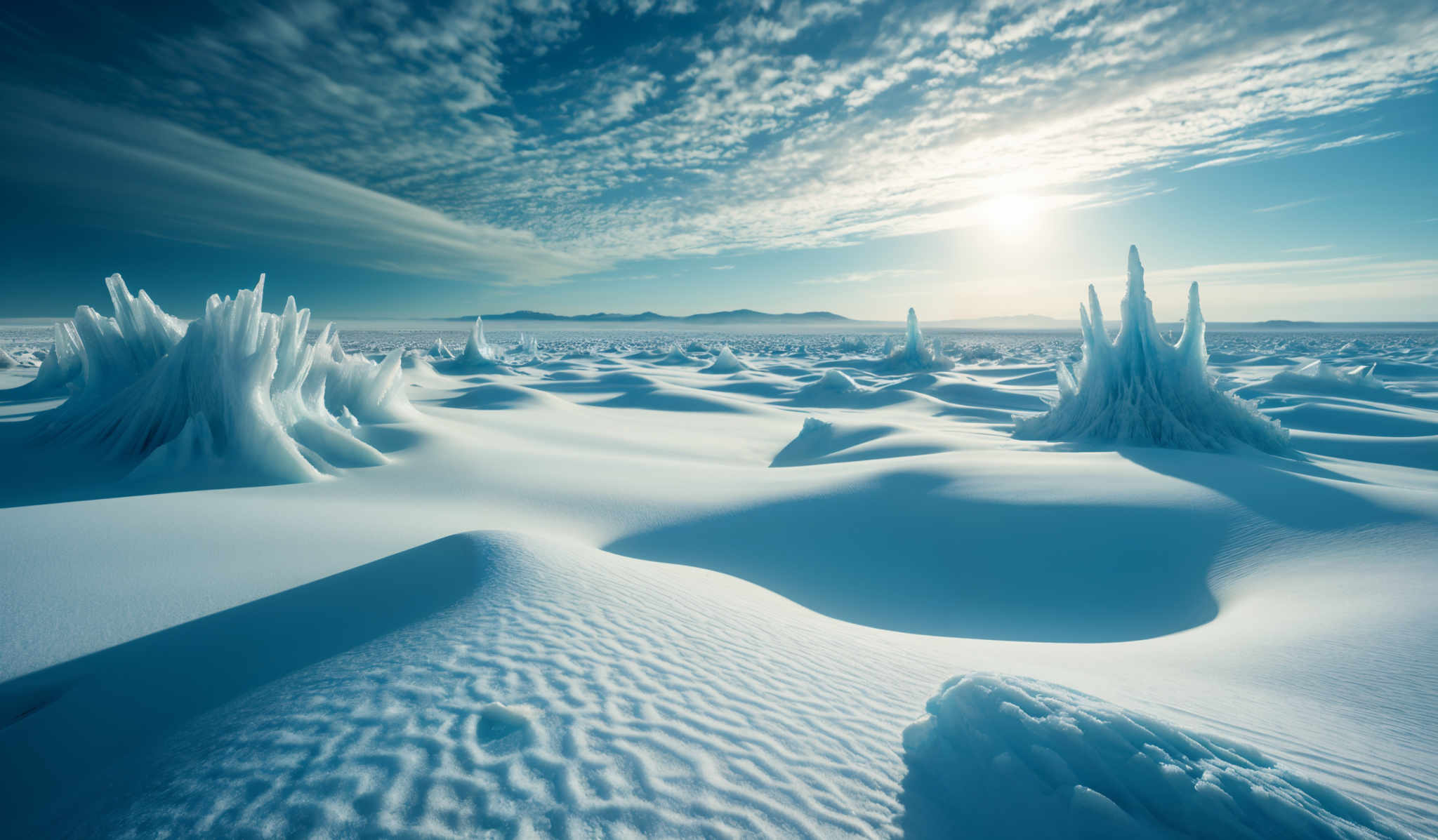 The image showcases a breathtaking icy landscape. The dominant colors are various shades of blue, from deep navy to light sky blue. The terrain is covered in pristine white snow, with intricate patterns created by wind. The sky is a mix of deep blue and white, with a few scattered clouds that have a unique, almost feathered appearance. The most striking feature of the image are the tall, slender ice formations that resemble frozen stalagmites. These formations are scattered across the snowy expanse, casting long shadows on the ground. The sun, positioned near the horizon, casts a soft glow, illuminating the scene and creating a serene ambiance.