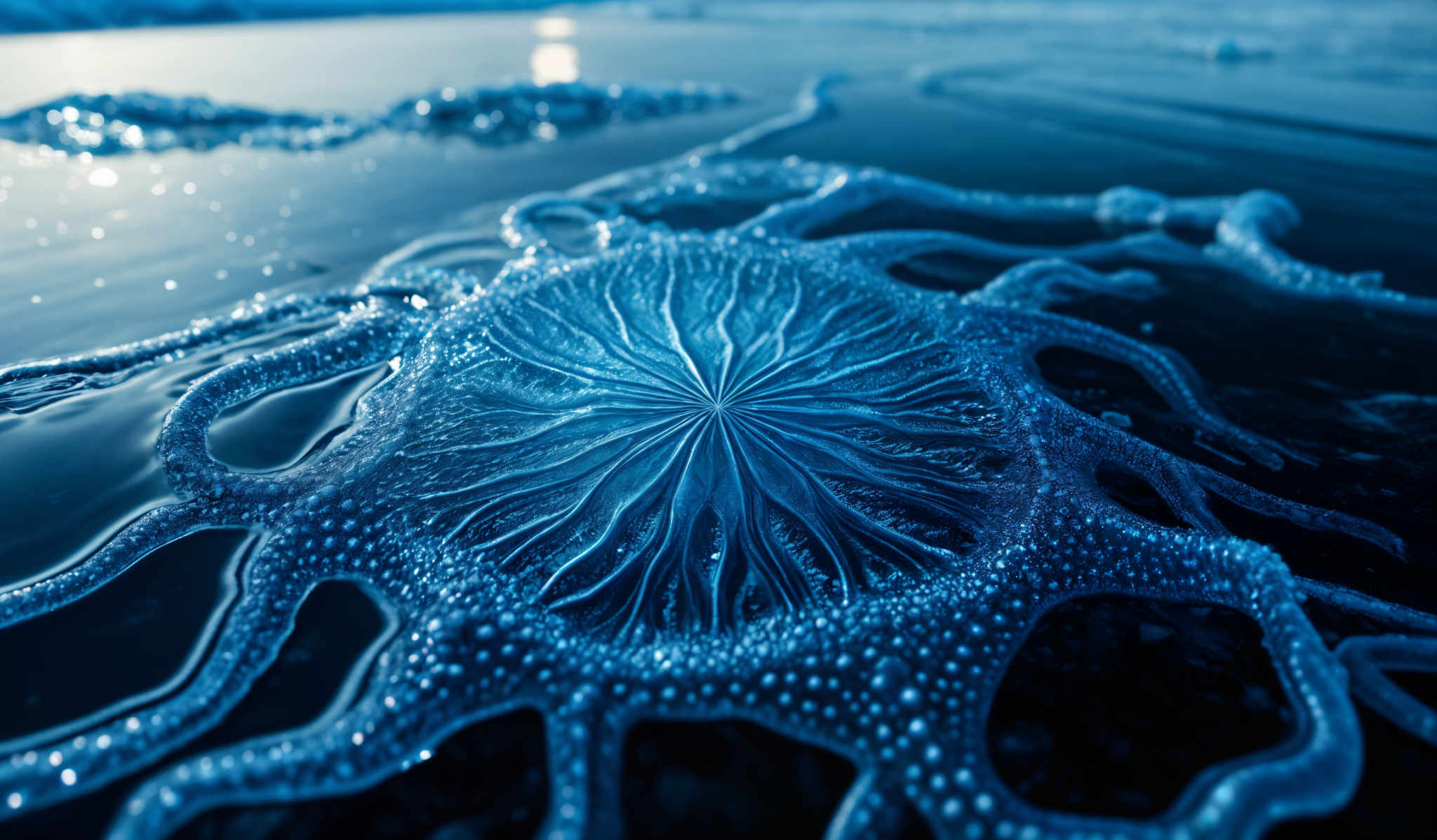 The image showcases a captivating frozen scene. Dominating the foreground is a unique, almost spider-like structure made of ice. This structure has a central, radiating pattern reminiscent of a flower's petals, surrounded by intricate branching patterns. The ice exhibits a translucent quality, allowing one to see the bubbles trapped within. The color palette is predominantly blue, with varying shades from deep navy to lighter icy blue, reflecting the cold ambiance of the scene. In the background, there's a glimpse of a frozen body of water, with some areas illuminated by what seems to be a setting or rising sun, casting a soft glow on the ice.