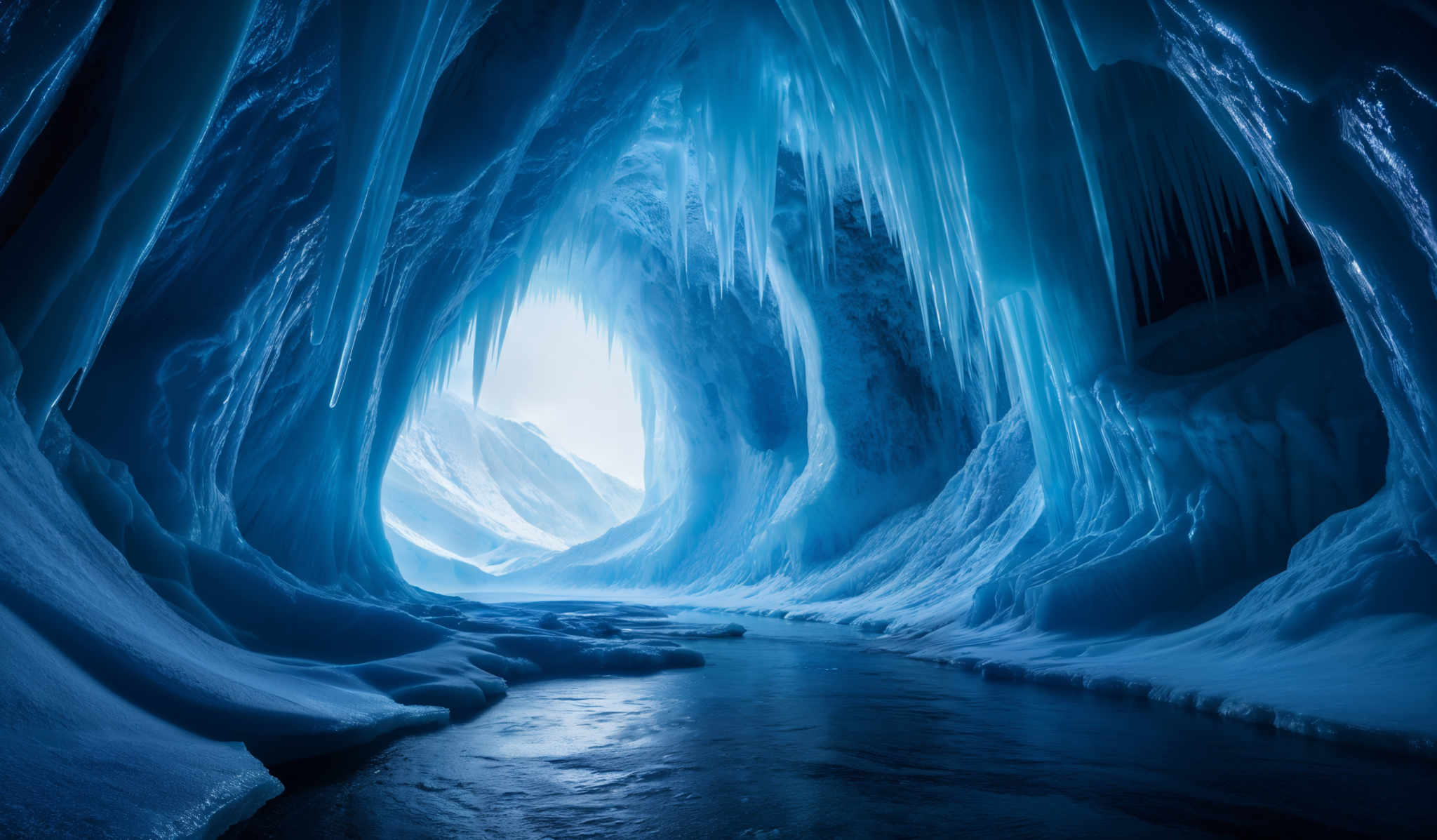 The image showcases a breathtaking view of an ice cave. The dominant color is a deep shade of blue, giving the cave a serene and cold ambiance. The cave's walls are sculpted into intricate patterns, with icicles hanging down from various points. The ceiling of the cave appears to be arched, and the floor is covered with a layer of ice, reflecting the light from the entrance. The light source seems to be coming from the back, casting a soft glow and illuminating the cave' s interior.