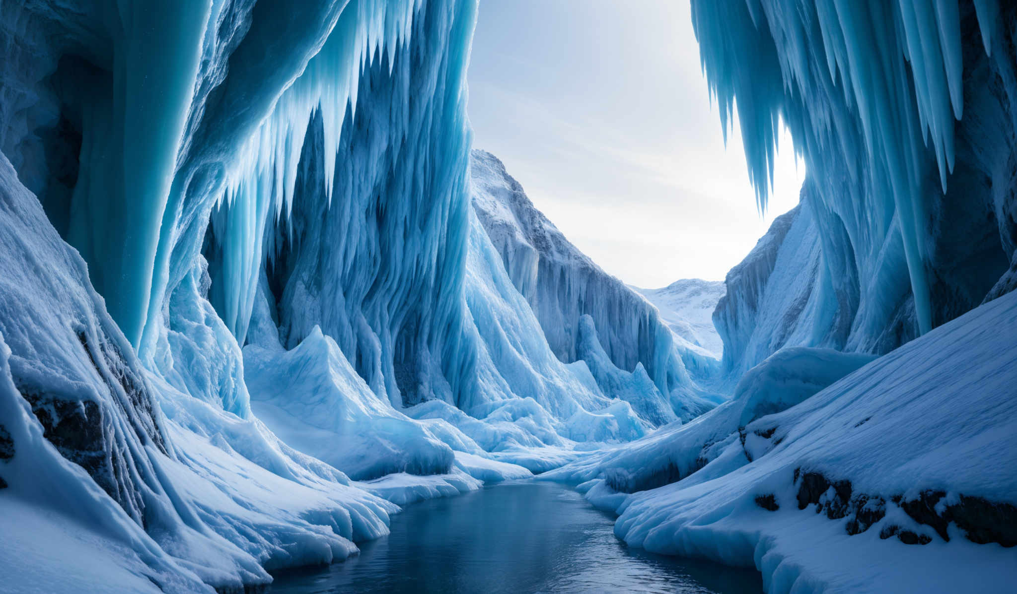 The image showcases a breathtaking view of an icy landscape. The dominant colors are various shades of blue, ranging from deep navy to light icy blue. The formations are tall, slender icicles that hang down from the ceiling, creating an archway effect. The ground is covered in thick ice, with some areas showing exposed rocky surfaces. A serene body of water flows through the center, reflecting the surrounding icy structures. The overall ambiance is cold, serene, and otherworldly.