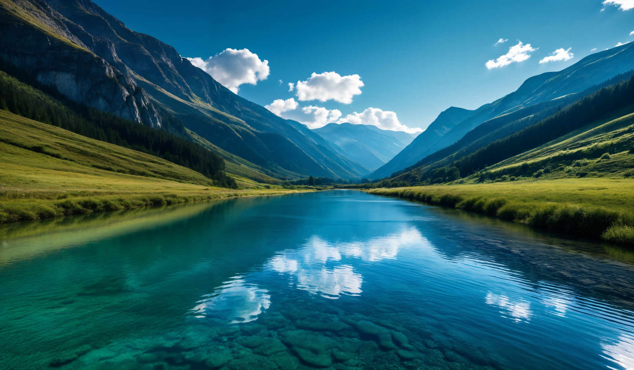 The image showcases a breathtaking landscape of a serene valley surrounded by towering mountains. The mountains are characterized by rugged cliffs and lush greenery. The valley is filled with a clear, pristine lake reflecting the blue sky and the surrounding scenery. On the banks of the lake, there's a lush meadow with green grass, and a few scattered trees can be seen. The sky is clear with a few fluffy white clouds, suggesting a sunny day.