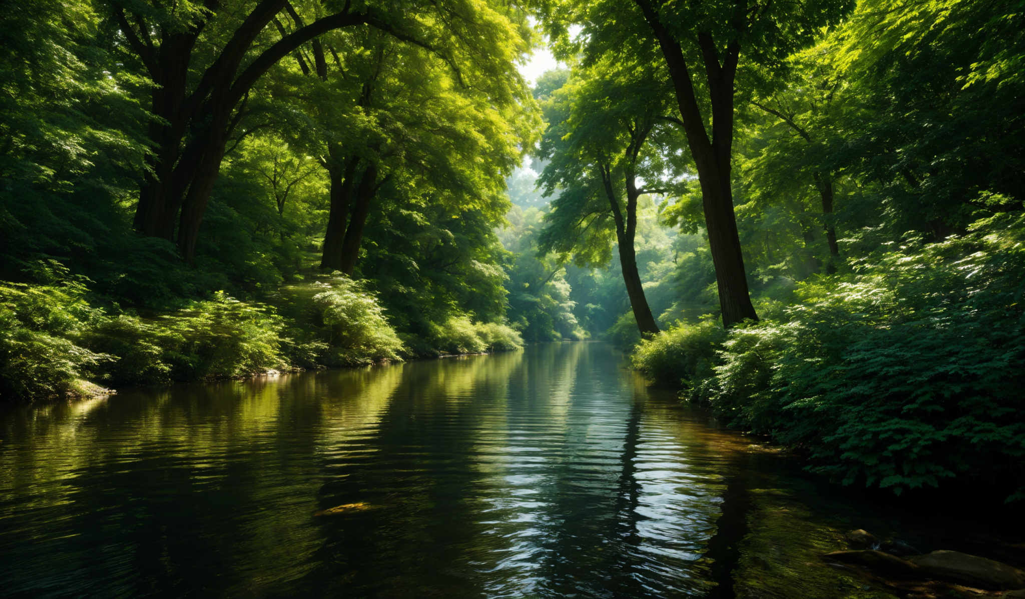 The image showcases a serene forest scene with lush green trees. The trees have a dense canopy, with their leaves reflecting the sunlight, giving them a shimmering green appearance. The forest floor is covered with various types of vegetation, including shrubs and ferns. A calm river flows through the forest, reflecting both the trees and the sky. The water's surface has gentle ripples, and there are a few rocks visible near the riverbank. The overall ambiance of the image is tranquil and peaceful.