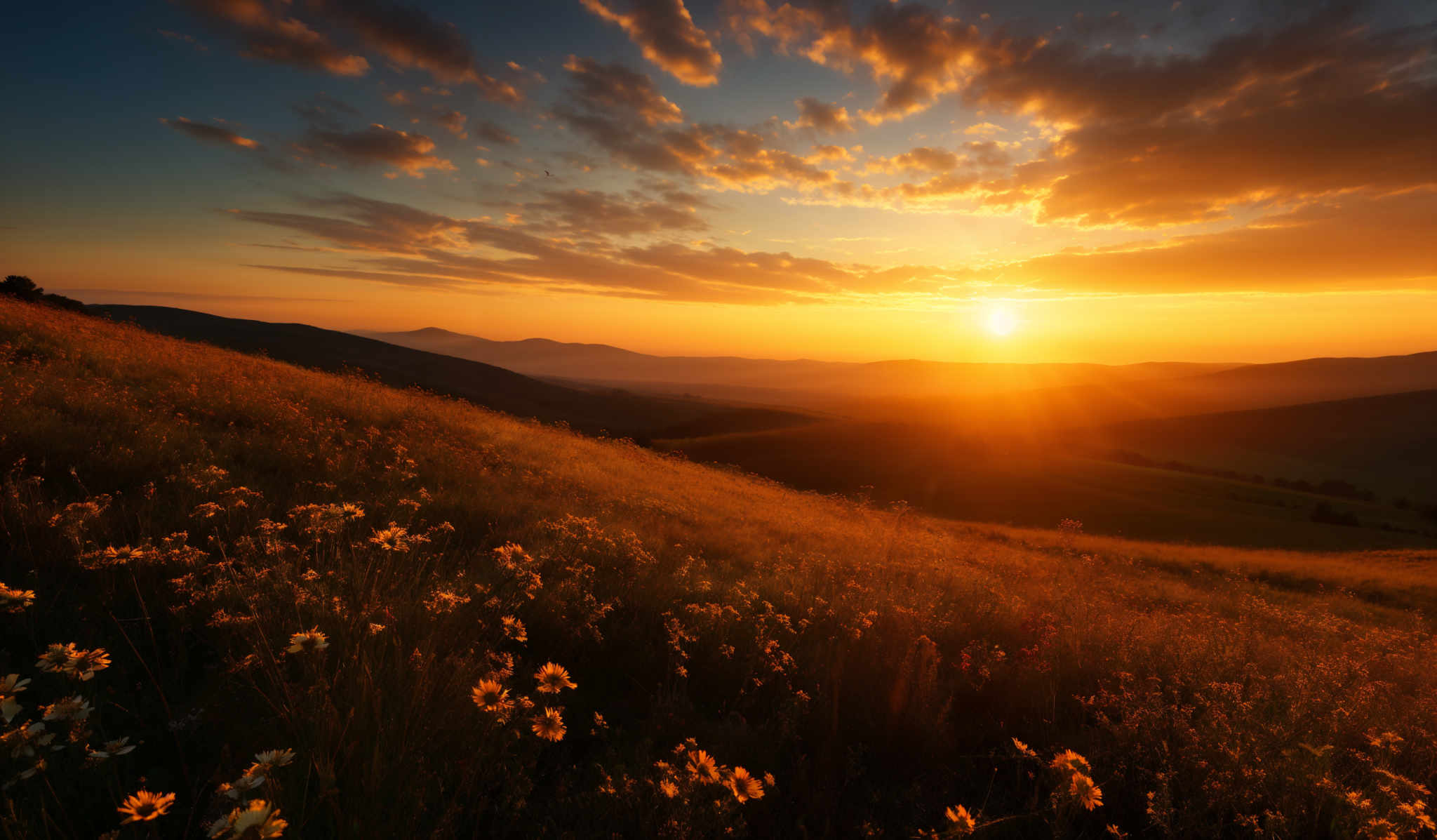 The image showcases a breathtaking landscape during sunset. The sky is painted with hues of orange, gold, and deep blue, with scattered clouds illuminated by the setting sun. The sun itself is a radiant orb, casting a warm glow over the scene. Below, rolling hills stretch out, dotted with patches of green and wildflowers. The foreground is dominated by a field of yellow wildflower blossoms, which contrast beautifully with the darker grass and shrubs. The overall composition evokes a sense of serenity and wonder.