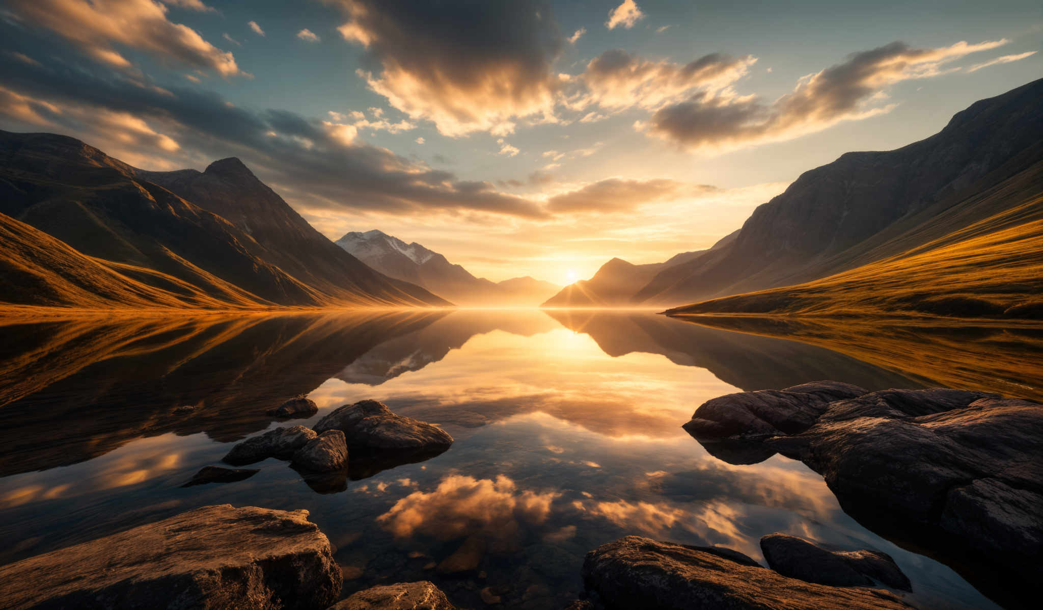 The image showcases a breathtaking landscape during sunset or sunrise. The sky is painted with hues of orange, gold, and blue, with scattered clouds reflecting the sun's light. The sun itself is positioned near the horizon, casting a warm glow over the scene. Below, a serene body of water mirrors the sky and the surrounding mountains. The mountains are tall and rugged, with their slopes covered in green vegetation. In the foreground, there are some rocks protruding from the water, and the reflections of the rocks and the sky can be seen clearly in the water.