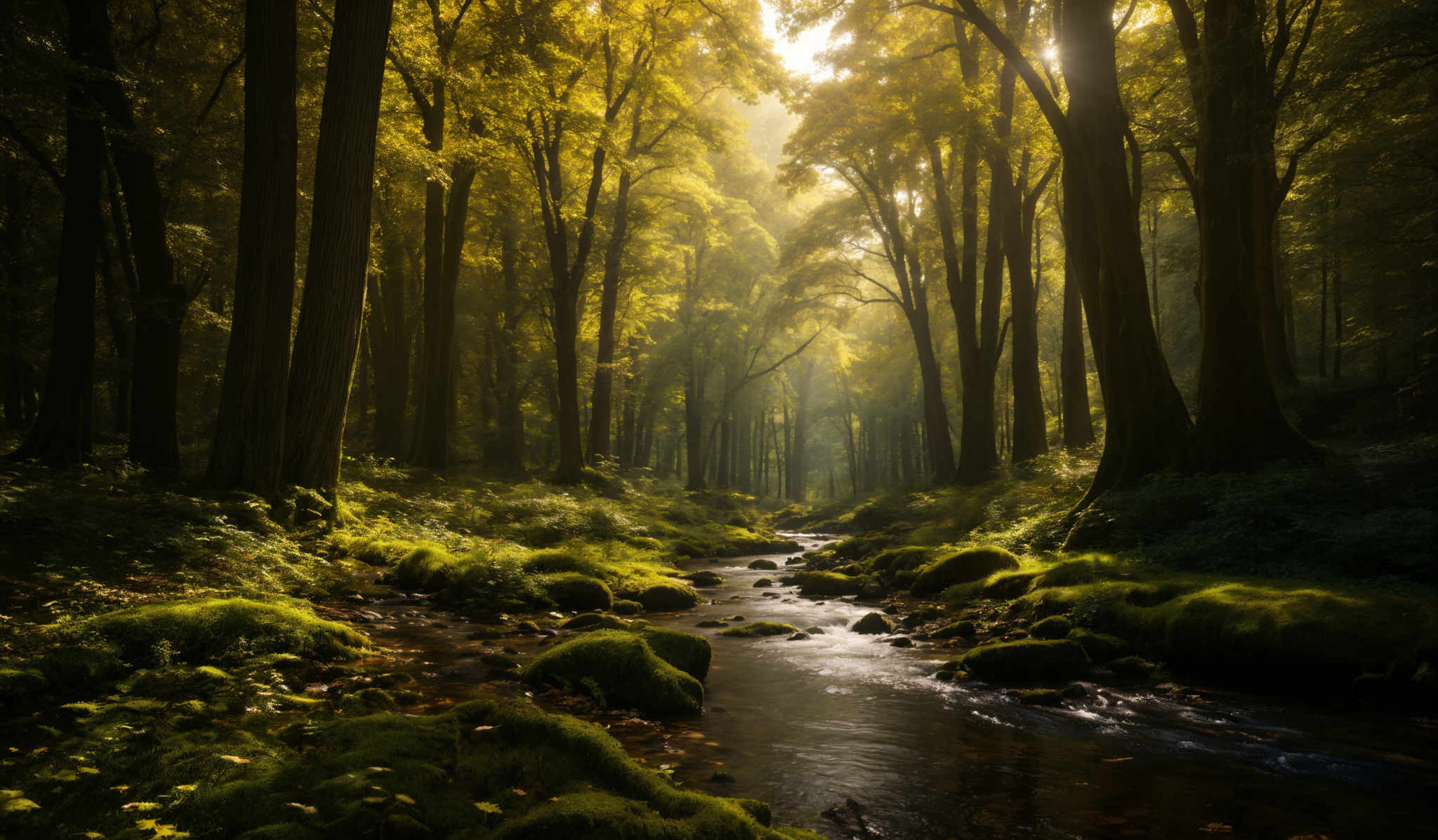 The image showcases a serene forest scene during what appears to be early morning or late afternoon. The dominant colors are various shades of green, representing the dense foliage of the trees, and golden-yellow, which is the light filtering through the canopy. The trees are tall and slender, with their trunks prominently visible. The forest floor is covered with moss-covered rocks and stones, and there's a gentle stream flowing through, reflecting the light from the sky. The sun's rays pierce through the trees and create a beautiful play of light and shadow, adding depth and dimension to the scene.