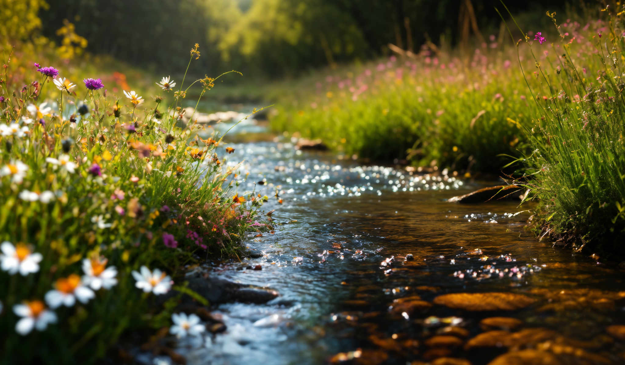 The image showcases a serene natural setting. The dominant colors are green from the grass and plants, and a mix of white, pink, and purple from the flowers. The shape is predominantly linear, with the stream meandering through the scene. The flowers are clustered along the banks of the stream, and the water reflects the colors of the sky and the surrounding vegetation.