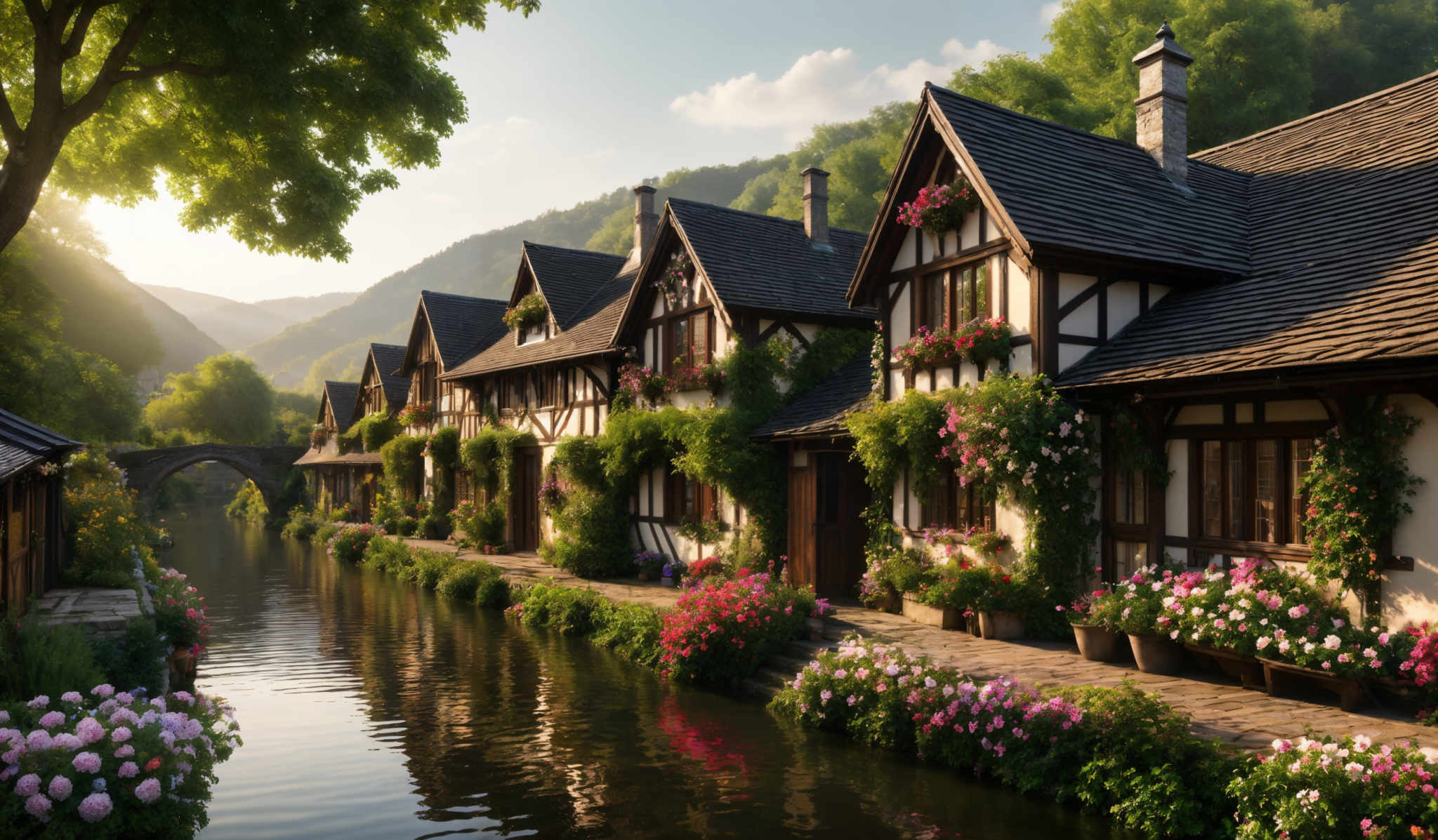 The image showcases a picturesque scene of a row of half-timbered houses lining a serene waterway. The houses have steep, sloping roofs and are adorned with vibrant flowers in shades of pink, red, and white. The water reflects the houses and the surrounding greenery, creating a mirror-like effect. On the left, there's a large tree with lush green leaves, casting a dappled shadow on the water. In the background, majestic mountains rise, partially shrouded in mist. A stone bridge arches over the water, connecting two parts of the town. The overall color palette is dominated by greens, browns, and the vibrants of the flowers.