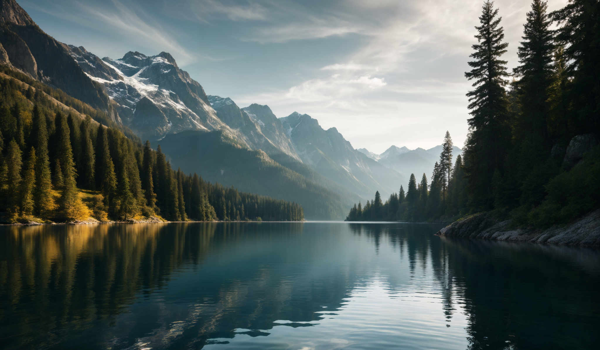 The image showcases a breathtaking landscape with a serene lake reflecting the surrounding scenery. Majestic mountains with snow-capped peaks rise in the background, while dense forests of tall pine trees line the lake's shores. The sky above is clear with a hint of clouds, allowing sunlight to illuminate the mountains and trees, casting a golden hue on some parts of the forest.