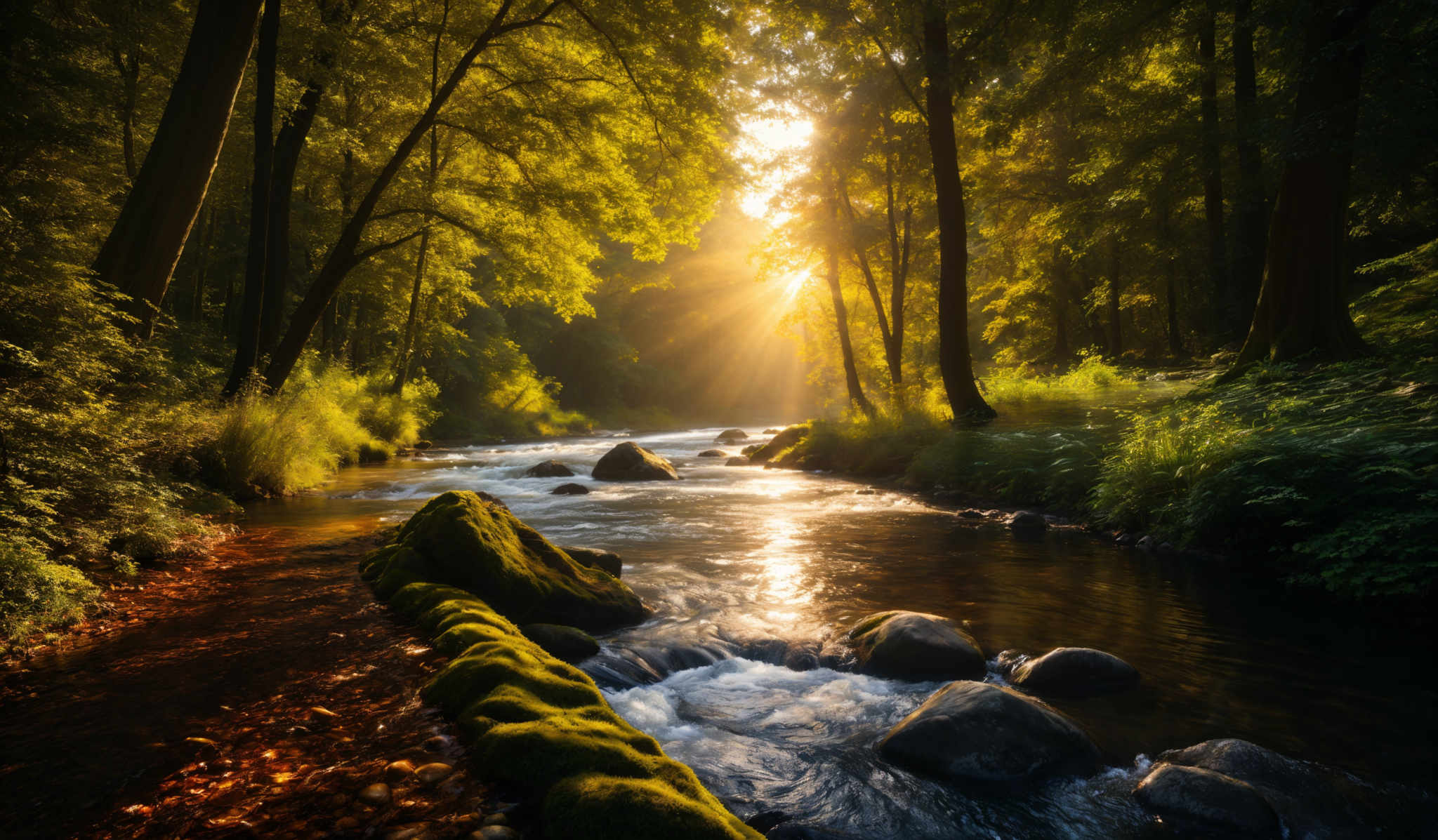 The image showcases a serene forest scene during what appears to be early morning or late afternoon. The sun's rays pierce through the dense canopy, casting a warm golden hue over the landscape. The forest floor is covered with fallen leaves, predominantly in shades of orange and brown. A gentle stream flows through the forest, with its waters reflecting the sunlight. The stream is bordered by moss-covered rocks and stones. Tall trees with green foliage dominate the background, their branches reaching out in various directions.