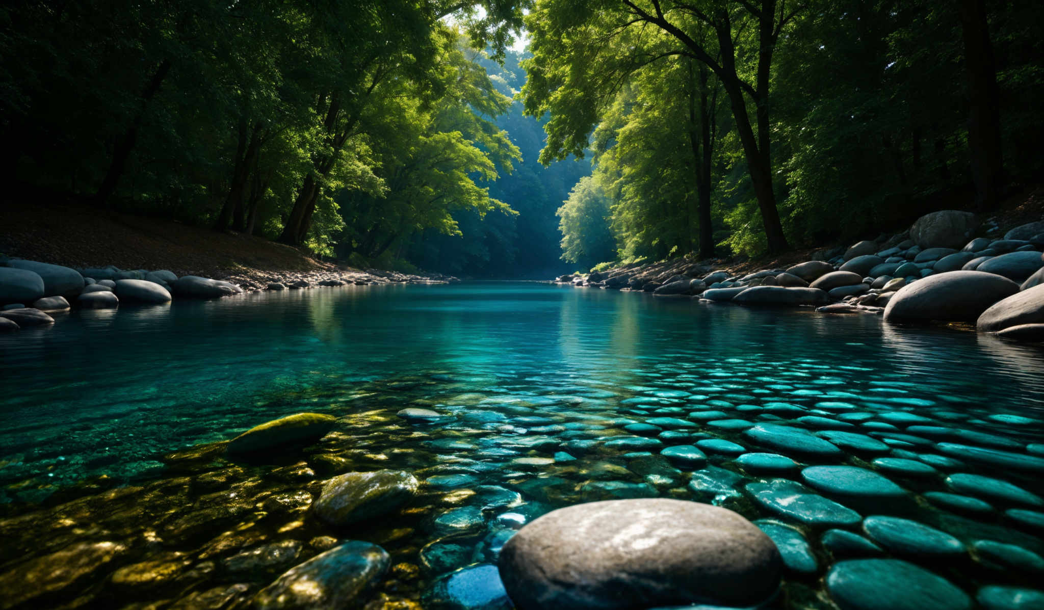 The image showcases a serene natural setting with a clear, blue river flowing amidst a lush green forest. The riverbed is visible, revealing smooth, rounded stones of varying sizes. The water is so clear that you can see the stones beneath its surface. The trees on either side of the river are tall and dense, with their green leaves filtering the sunlight, creating a soft glow. The overall ambiance of the image is tranquil and untouched by urbanization.