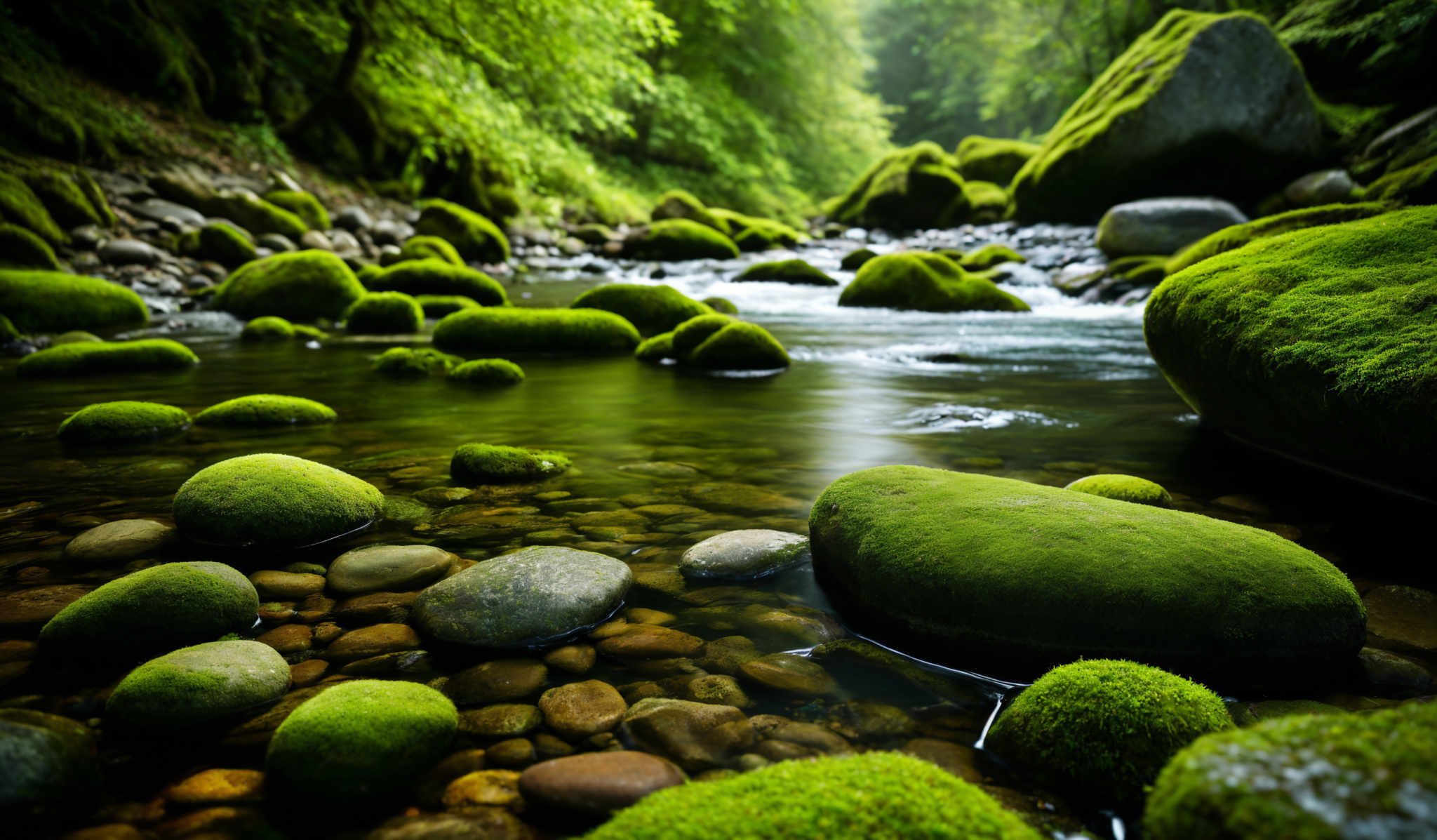 The image showcases a serene natural setting. The dominant colors are various shades of green, representing the moss-covered rocks and trees. The rocks, both large and small, are mostly oval or rounded in shape and are covered in a lush green moss. The water in the stream is clear, revealing the multicolored pebbles beneath. The stream flows gently, with its waters reflecting the surrounding greenery. The background is dominated by a dense forest, with the sunlight filtering through, creating a soft glow.