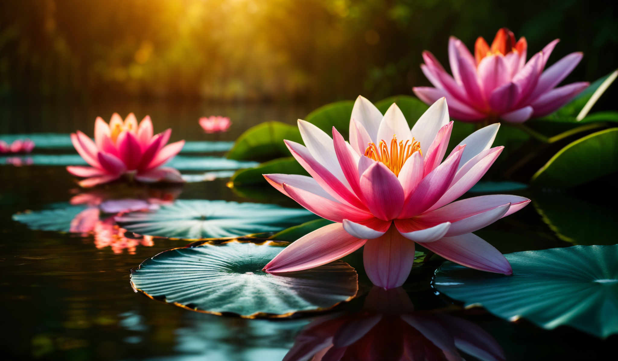 The image showcases a vibrant pink lotus flower with multiple petals, some of which are slightly opened, revealing the yellowish-orange center. The lotus is placed on a large, round, green leaf. The background is a serene pond with a few other lotus flowers and their reflections visible. The sunlight casts a warm, golden hue over the scene, creating a tranquil and picturesque atmosphere.