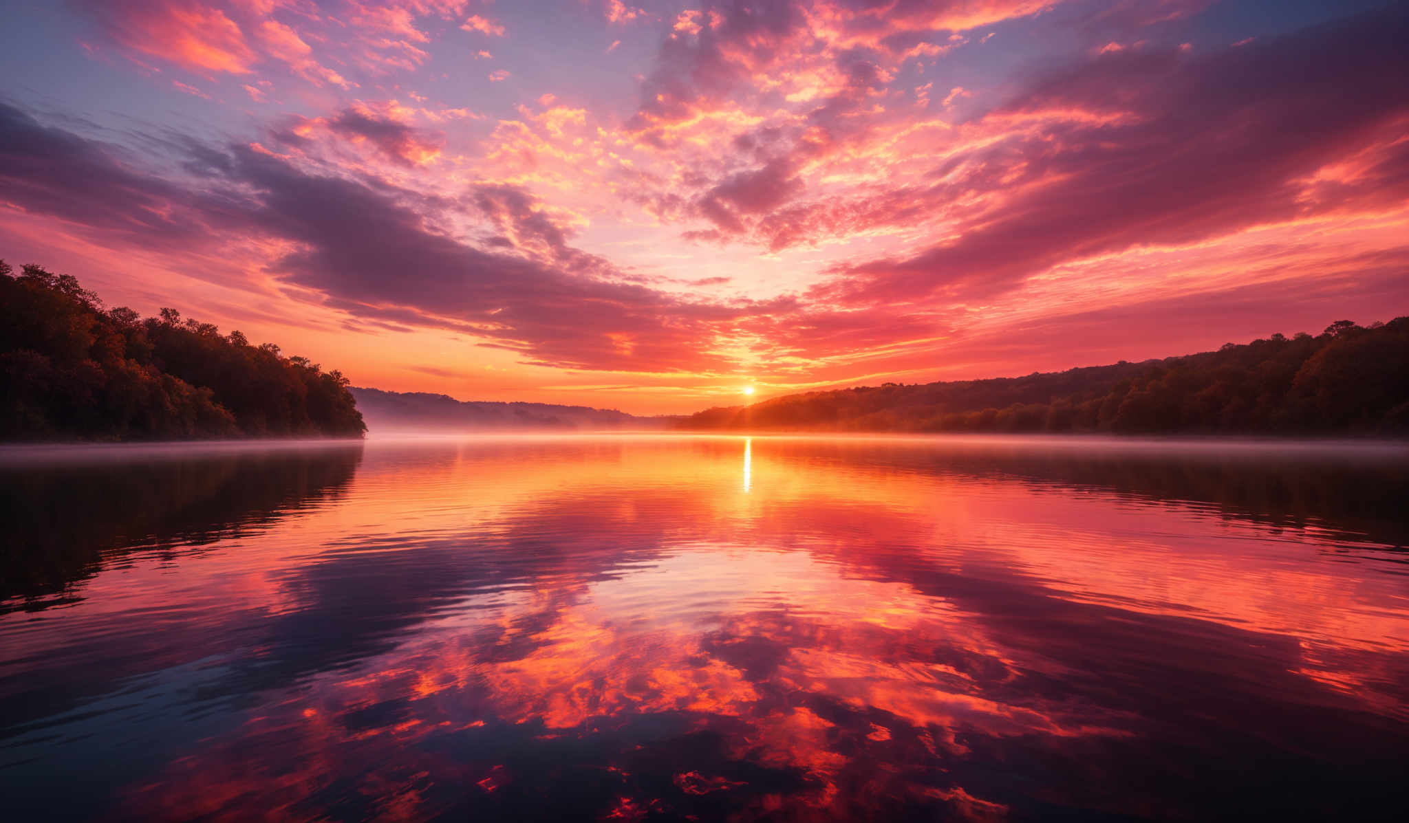 The image showcases a breathtaking sunset over a calm body of water. The sky is painted with hues of orange, pink, and purple, with the sun nearing the horizon casting a golden glow. The clouds are scattered, reflecting the vibrant colors of the sunset. The water mirrors the sky, creating a symmetrical reflection. On either side of the water, there are dense forests with trees displaying autumnal colors, ranging from green to golden-yellow. The mist or fog near the center adds a mystical touch to the scene.