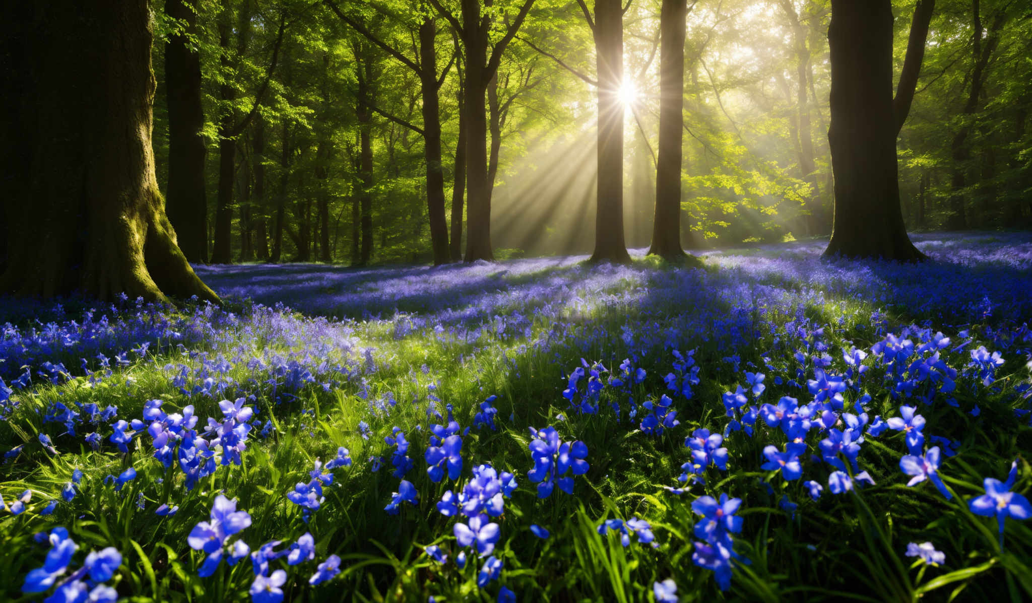 The image showcases a serene forest scene during what appears to be early morning or late afternoon. The sun's rays pierce through the tall trees, casting a warm, golden hue over the landscape. The ground is carpeted with vibrant blue flowers, possibly bluebells, that contrast beautifully with the lush green foliage of the trees. The trees themselves are tall and have a sturdy trunk, with their branches extending upwards, creating a canopy that filters the sunlight. The overall ambiance of the image is tranquil and evokes a sense of peace and connection with nature.