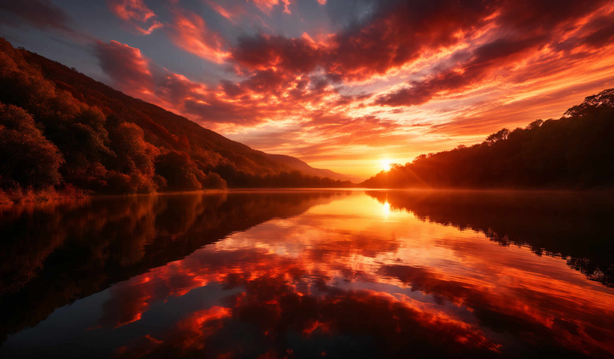 The image showcases a breathtaking sunset over a calm body of water. The sky is painted with vibrant hues of orange, red, and gold, with dramatic cloud formations reflecting the fiery colors. The sun is positioned near the horizon, casting a golden glow over the water. On either side of the water, there are lush green trees, and the reflection of the trees and the sky can be seen on the water's surface. The overall scene is serene and captivating, evoking feelings of awe and tranquility.