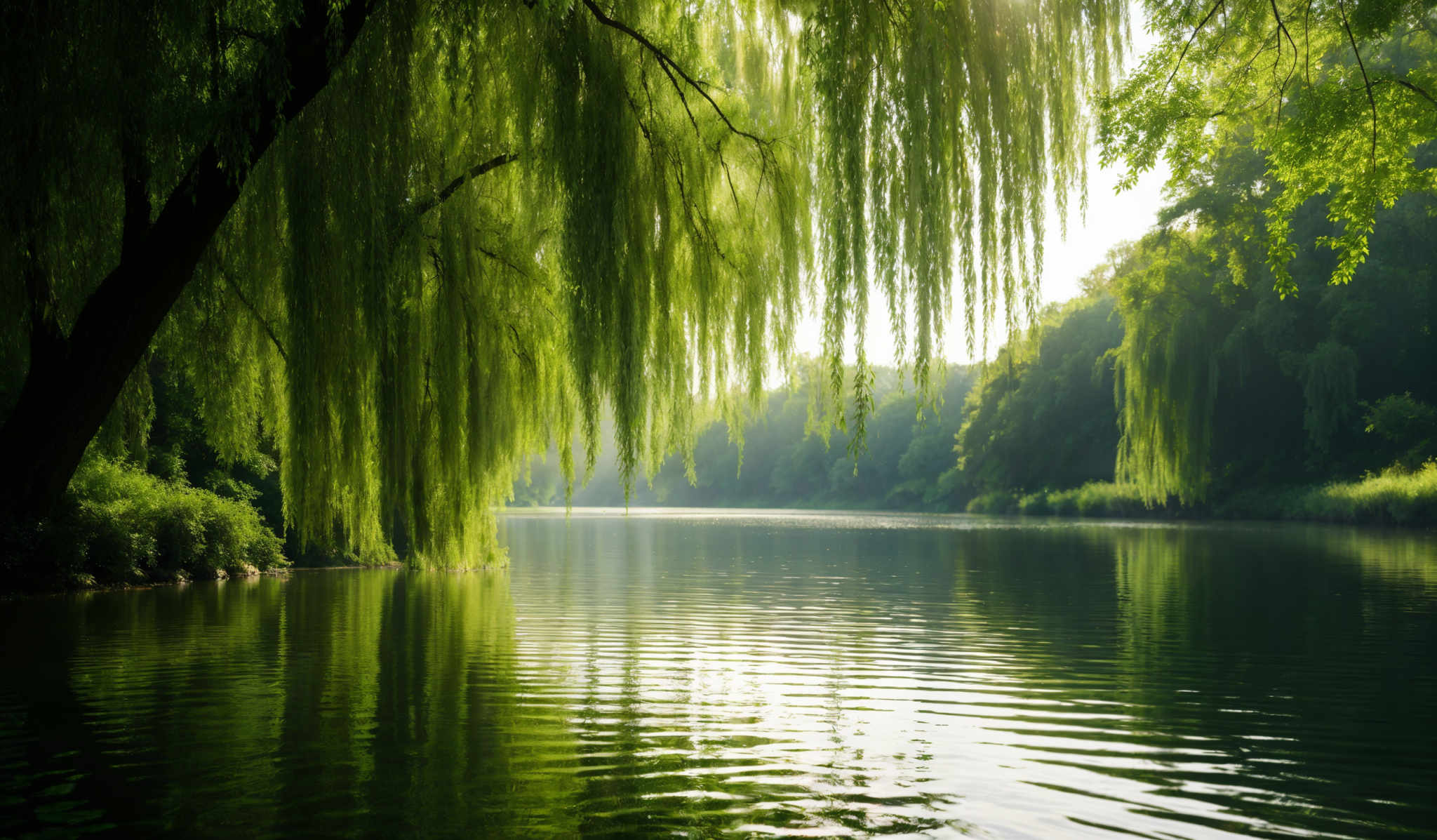 The image showcases a serene landscape with a calm body of water reflecting the surrounding greenery. Dominating the scene are tall, cascading willow trees with long, dangling branches. The water is still, with gentle ripples caused by the movement of the trees. The trees are dense with lush green leaves, and the sunlight filtering through creates a soft glow, illuminating the water and casting dappled shadows on the ground.