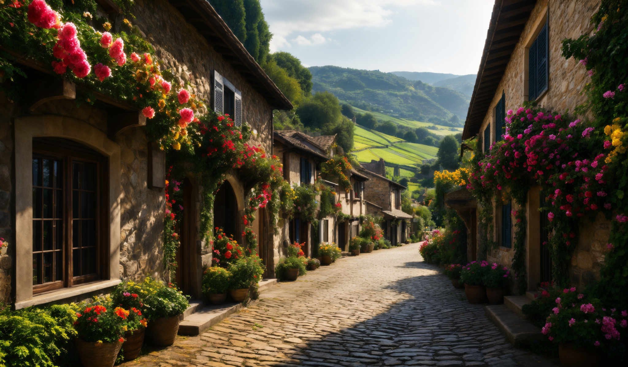 The image showcases a picturesque cobblestone street lined with old stone buildings. The buildings have a rustic charm, adorned with vibrant flowers in hues of pink, red, yellow, and purple. The flowers cascade from windows and balconies, creating a colorful and lively atmosphere. The street itself is paved with cobbles, and the pathway seems to lead towards a hill or mountain in the distance. The sky is clear, suggesting a bright and sunny day.