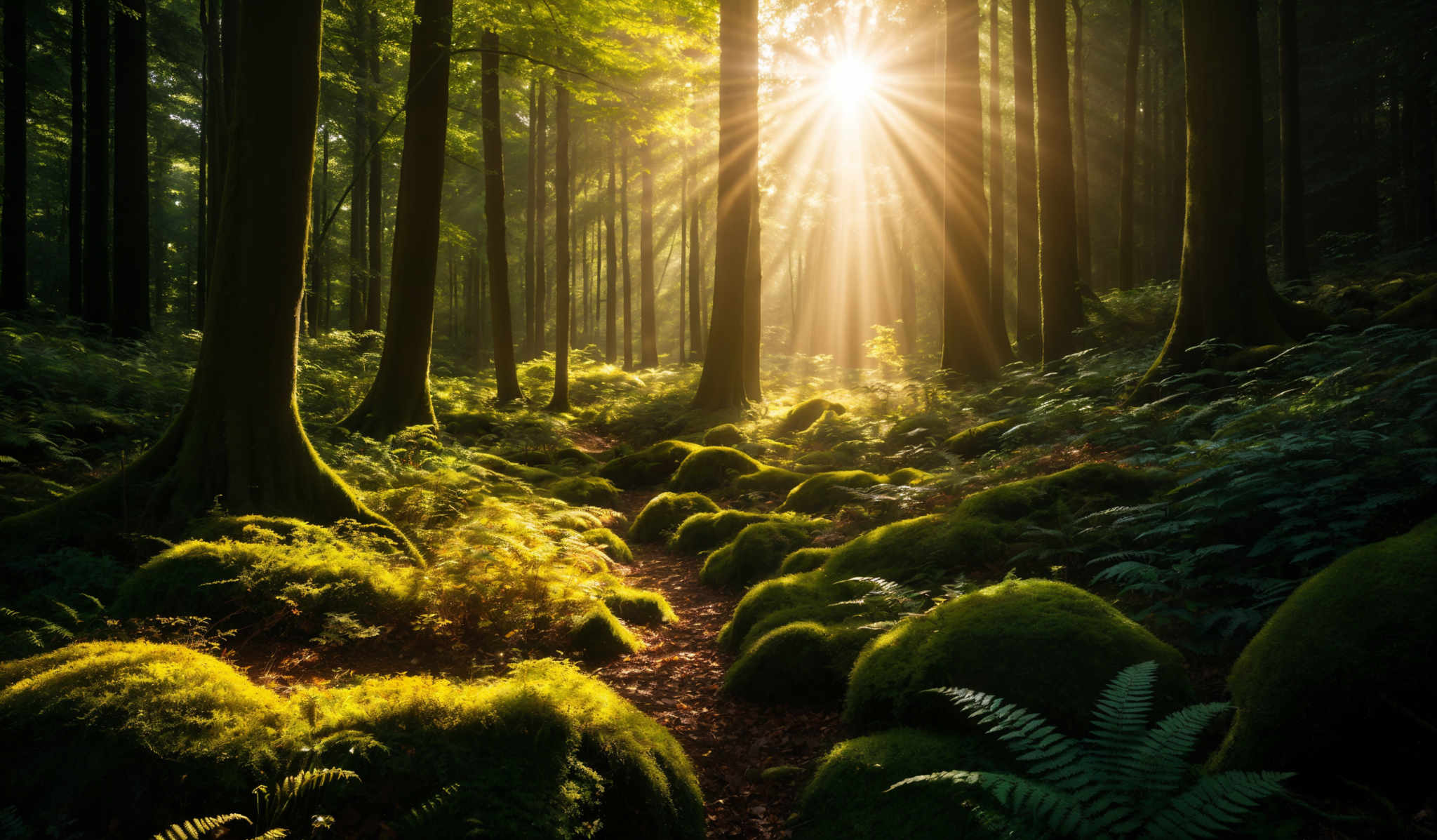 The image showcases a lush forest with tall, straight trees whose trunks are dark and slender. The canopy of these trees is dense, allowing only a few rays of sunlight to pierce through, creating a beautiful play of light and shadow. The forest floor is covered with moss-covered rocks and ferns, giving it a soft, green hue. The sun's rays shine brightly, casting a golden glow over the scene and creating a serene and magical atmosphere.