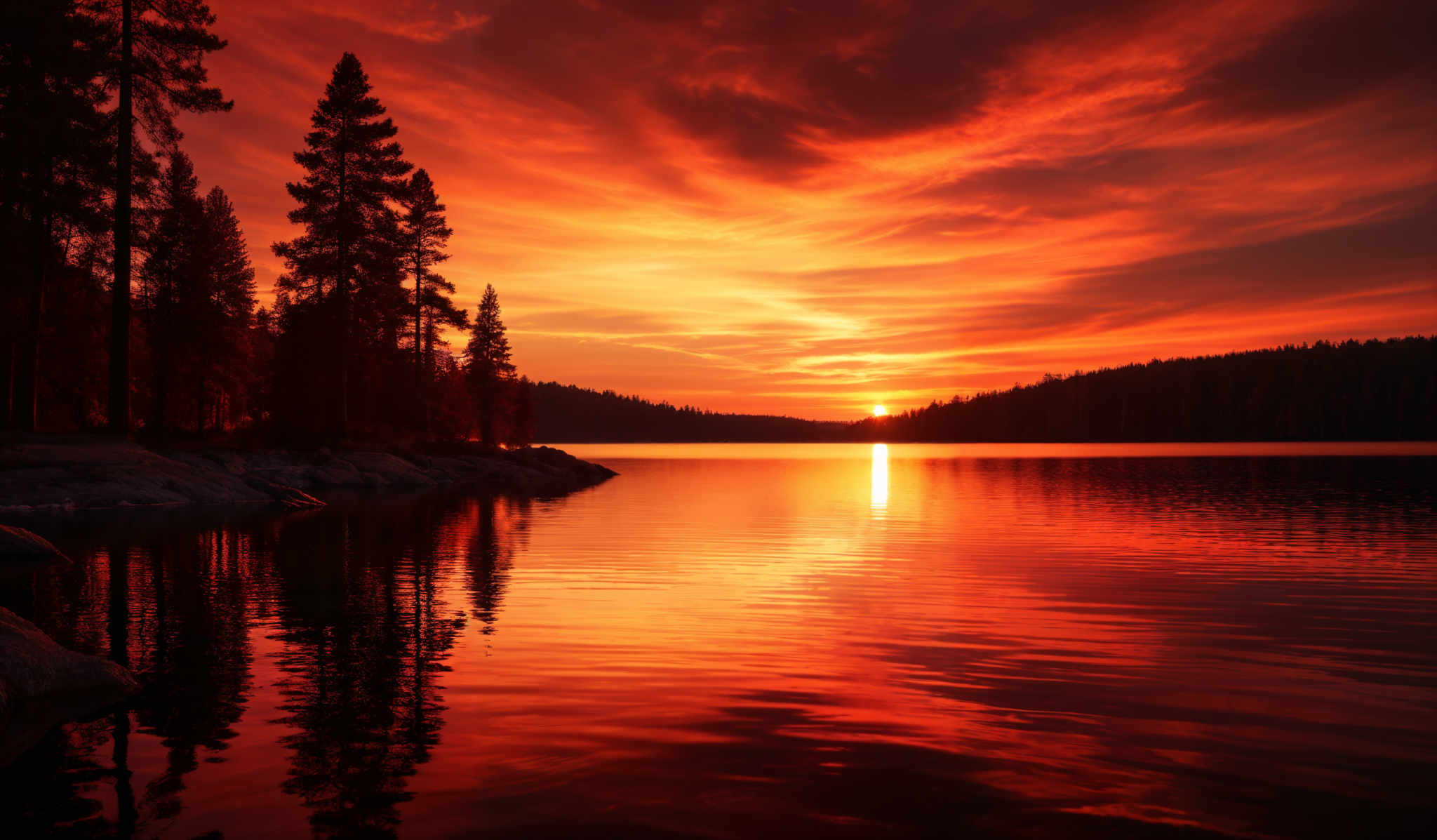 The image showcases a breathtaking sunset over a calm lake. The sky is painted with hues of fiery orange, deep red, and hints of gold, with swirling cloud patterns that add depth and drama to the scene. The sun is near the horizon, casting a golden glow over the water. On the left side of the image, tall pine trees stand majestically, their dark silhouettes contrasting with the vibrant backdrop. The lake reflects the colors of the sky, creating a mirror-like effect. The calm waters also show the reflection of the trees and the sun, adding to the serene ambiance of the scene, with only a few rocks visible near the foreground.