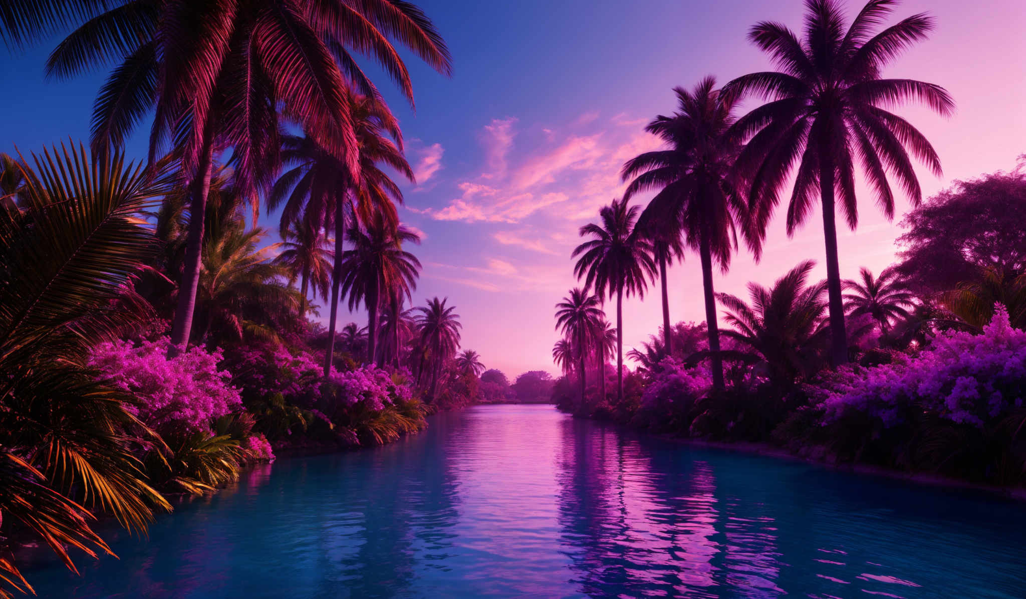 The image showcases a breathtaking tropical landscape during sunset or sunrise. Dominating the scene are tall palm trees with their fronds swaying, casting shadows on the ground. The sky is painted in hues of pink, purple, and blue, with soft clouds scattered about. In the foreground, there's a calm water body reflecting the colors of the sky. On either side of the water, vibrant pink flowers bloom, adding a splash of color to the serene setting. The overall ambiance is tranquil and dreamy, evoking feelings of relaxation and escape.