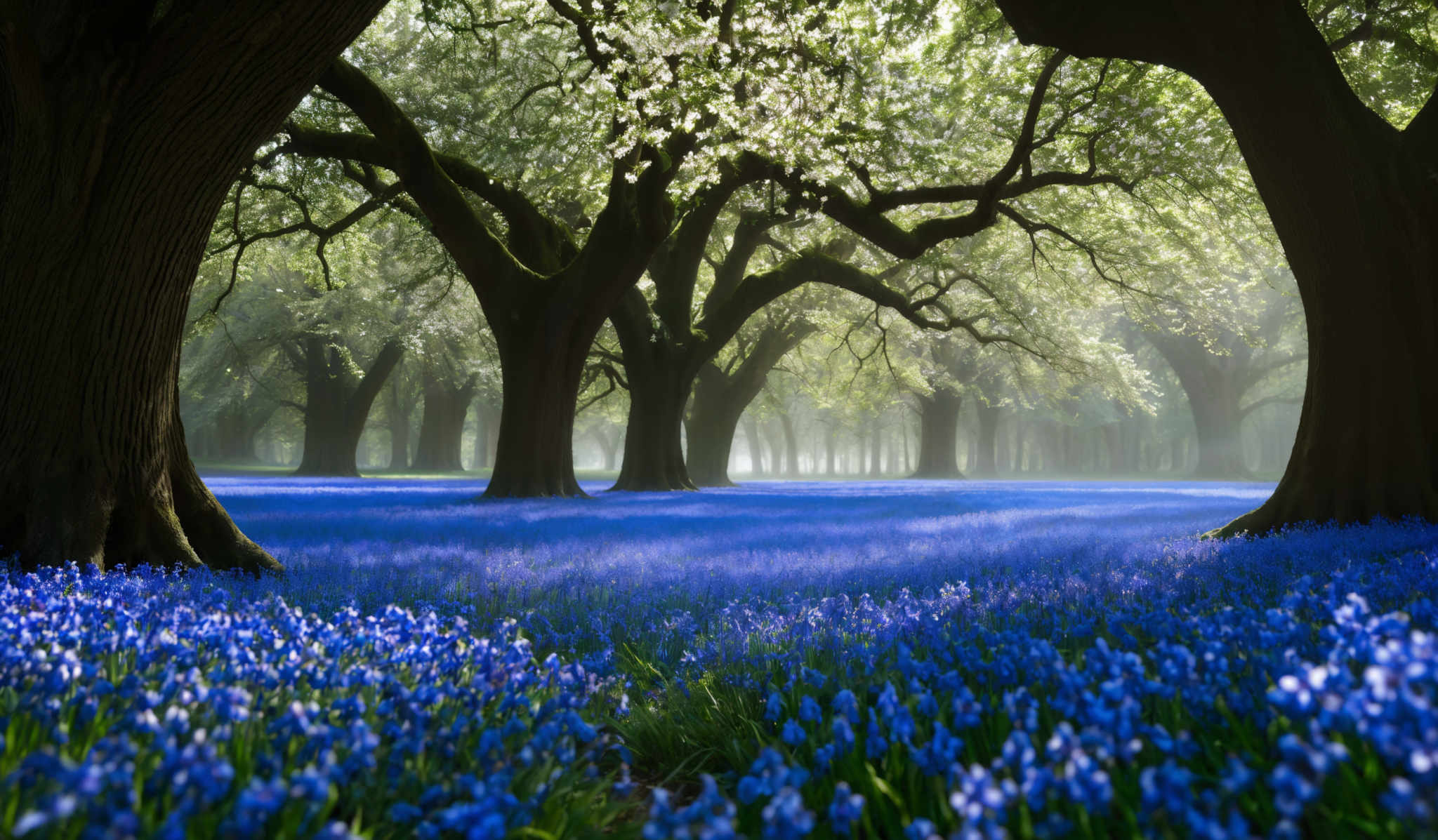 The image showcases a serene and picturesque landscape. Dominating the scene are large, sturdy trees with thick trunks and sprawling branches. The trees are adorned with a canopy of white blossoms, creating a soft, ethereal glow. Below the trees, a vast field is blanketed with vibrant blue flowers, possibly bluebells, that stretch out to the horizon. The sunlight filtering through the trees casts a gentle, dappled light over the scene, enhancing the beauty of the blue flowers and the white blosoms.