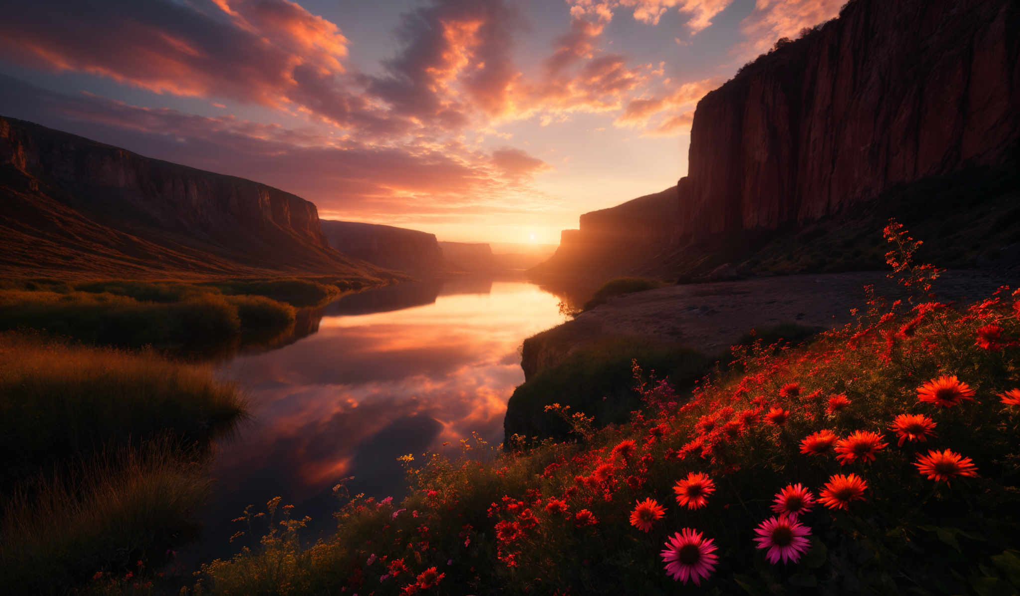 The image showcases a breathtaking landscape during sunset. The sky is painted with hues of orange, pink, and purple, with scattered clouds reflecting the sun's golden light. The sun itself is positioned near the horizon, casting a warm glow over the scene. In the foreground, there's a serene body of water reflecting both the sky and the surrounding cliffs. On the right side of the image, there are tall cliffs with a reddish-brown hue. In front of the cliffs, a lush green meadow stretches out, dotted with vibrant red and pink flowers. The overall ambiance of the picture is tranquil and awe-inspiring.