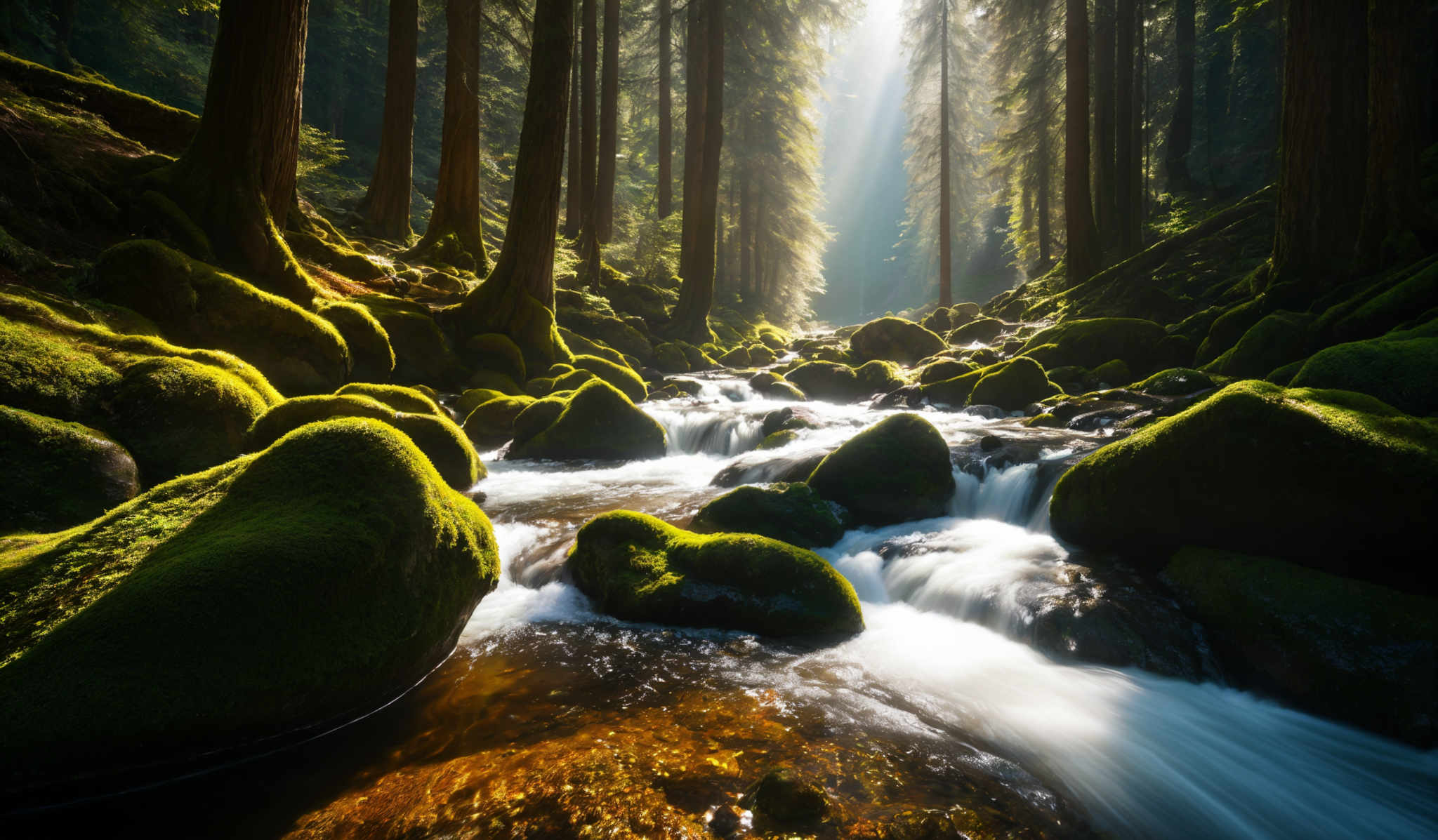 The image showcases a serene forest scene with tall, slender trees, their trunks covered in moss. The forest floor is lined with moss-covered rocks, and a stream flows through the scene, with water cascading over the rocks. The sunlight filters through the trees, casting a soft glow and creating a beautiful contrast between the light and shadow. The overall color palette is dominated by greens from the moss and trees, and the whites and blues from the flowing water.