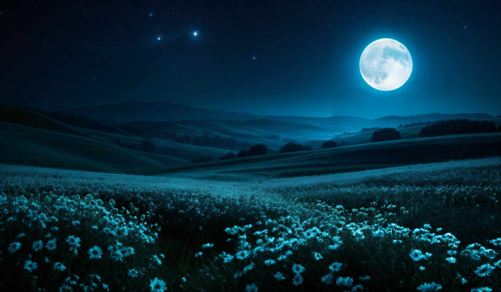 The image showcases a breathtaking night landscape. The sky is dominated by a deep blue hue, dotted with numerous stars and a bright, full moon. The moon casts a soft glow over the rolling hills below. The hills are covered in what appears to be a field of white flowers, illuminated by the moonlight. The terrain is gentle, with gentle slopes and valleys. In the distance, there are silhouettes of trees and possibly a few structures or houses. The overall ambiance is serene and ethereal.