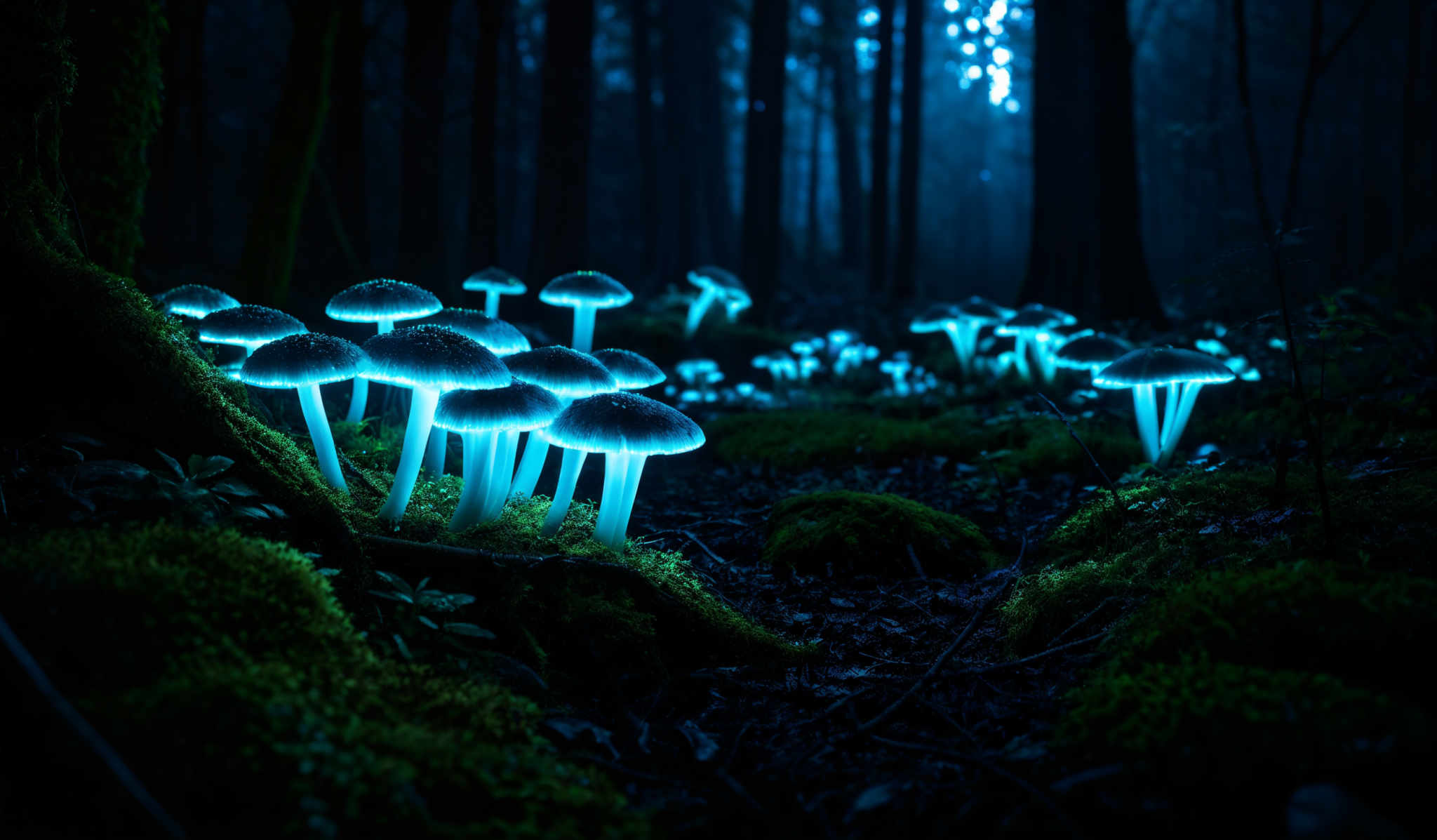 The image showcases a dark, misty forest with tall trees. The ground is covered with moss and small plants. The most striking feature is a cluster of luminescent mushrooms that glow in a soft blue hue. These mushroom clusters stand out against the darker surroundings, creating a surreal and ethereal atmosphere.