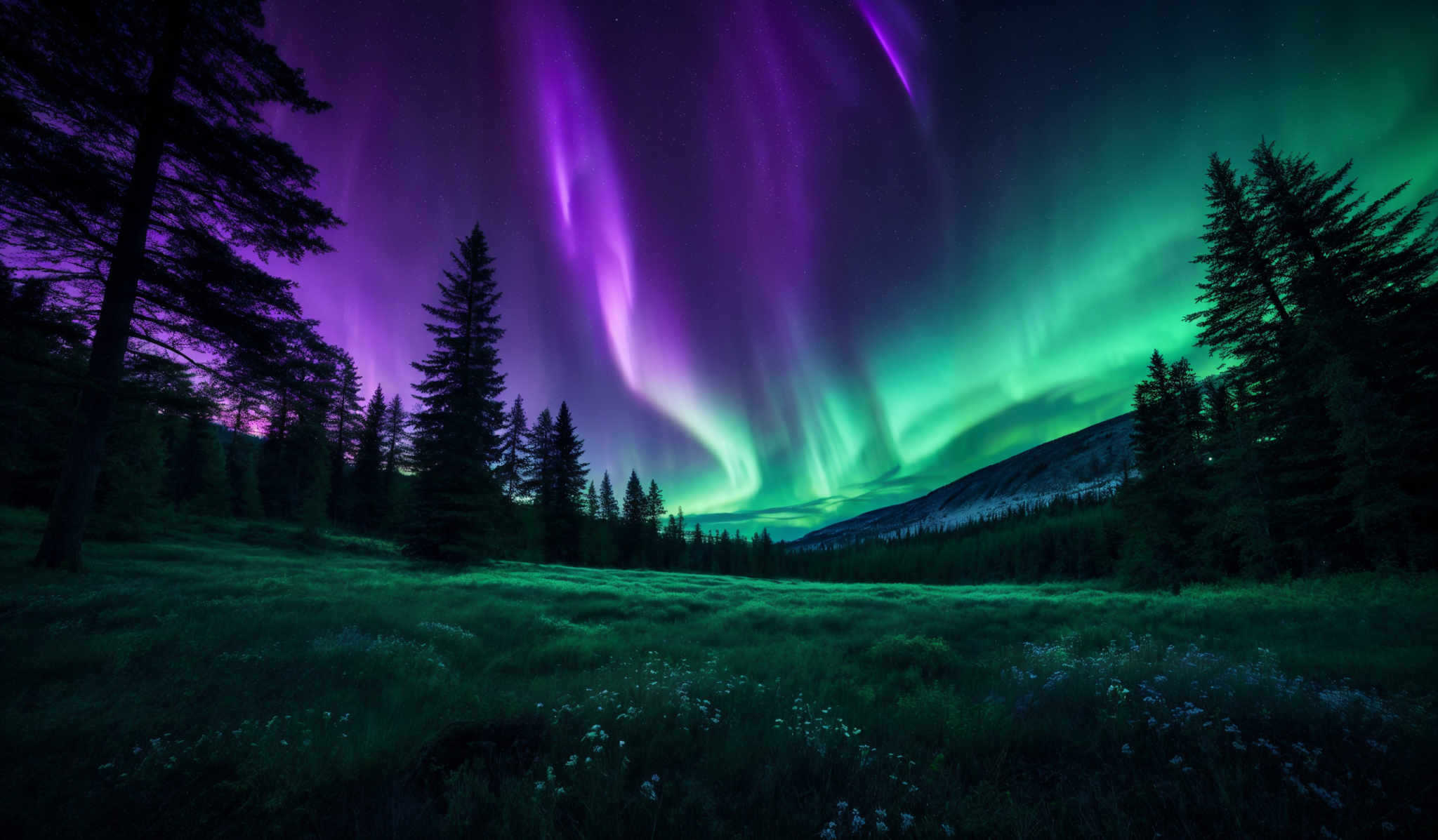 The image showcases a breathtaking view of the Northern Lights, also known as the Aurora Borealis. These lights display a mesmerizing array of colors, predominantly shades of purple, green, and blue. The shape of the lights is wavy and streaks across the night sky, creating an ethereal and almost otherworldly effect. Below the sky, there's a serene landscape of a forested area with tall pine trees. The ground is covered with a carpet of green grass dotted with white flowers. In the distance, there are mountains, and the entire scene is illuminated by the natural glow of the Auroras.