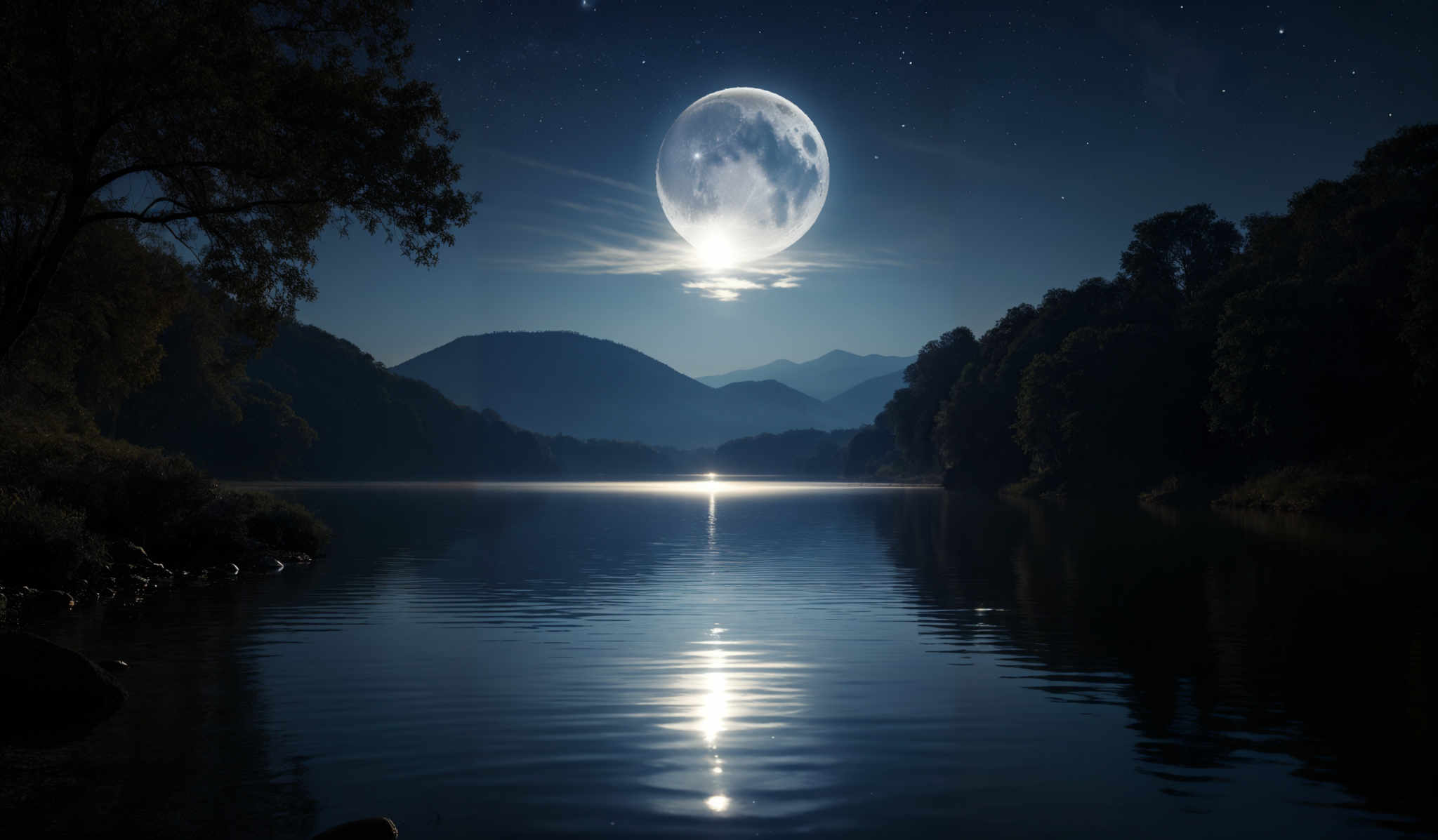 The image showcases a serene nighttime landscape. The dominant colors are deep blues and blacks, with the moon casting a luminous white glow. The moon is almost full, displaying craters and a glowing halo around its edges. The sky is dotted with stars, adding to the celestial ambiance. In the foreground, there's a calm body of water reflecting the moon's light. On the left, there are trees with their branches extending over the water, and on the right, there is a dense forest with tall trees. The mountains in the background are slightly obscured by the mist, giving a sense of depth and distance.