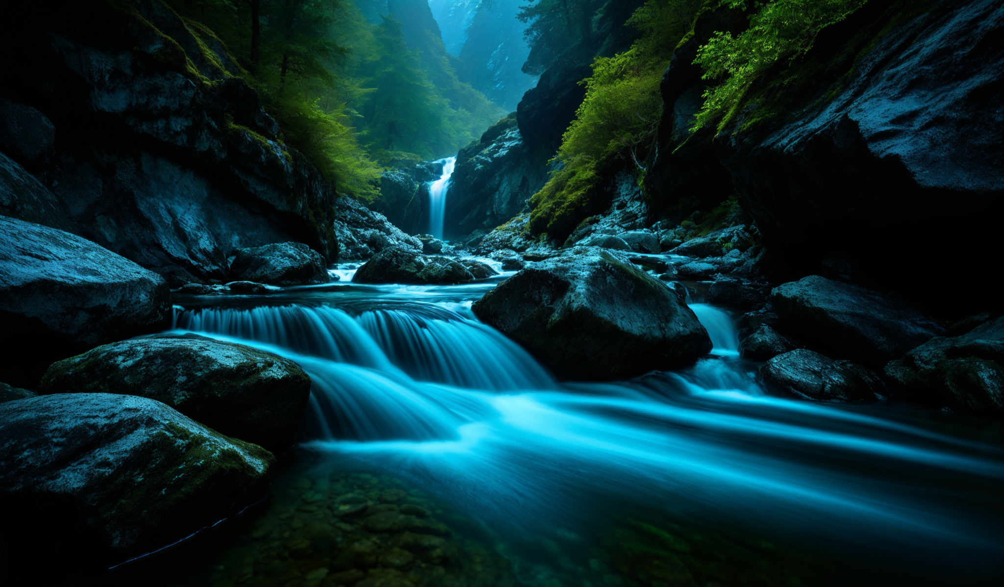 The image showcases a serene natural landscape. Dominating the scene are dark, jagged rocks that line both sides of a stream. The stream itself is a vibrant shade of blue, indicating its purity and the reflection of the sky. The water flows smoothly over the rocks, creating a silky effect, likely due to a long exposure shot. Above the stream, there's a waterfall cascading down from a height, surrounded by lush green trees. The trees have a dense foliage, suggesting a forest or a secluded area away from urbanization. The overall ambiance of the image is tranquil and evokes a sense of peace and connection with nature.