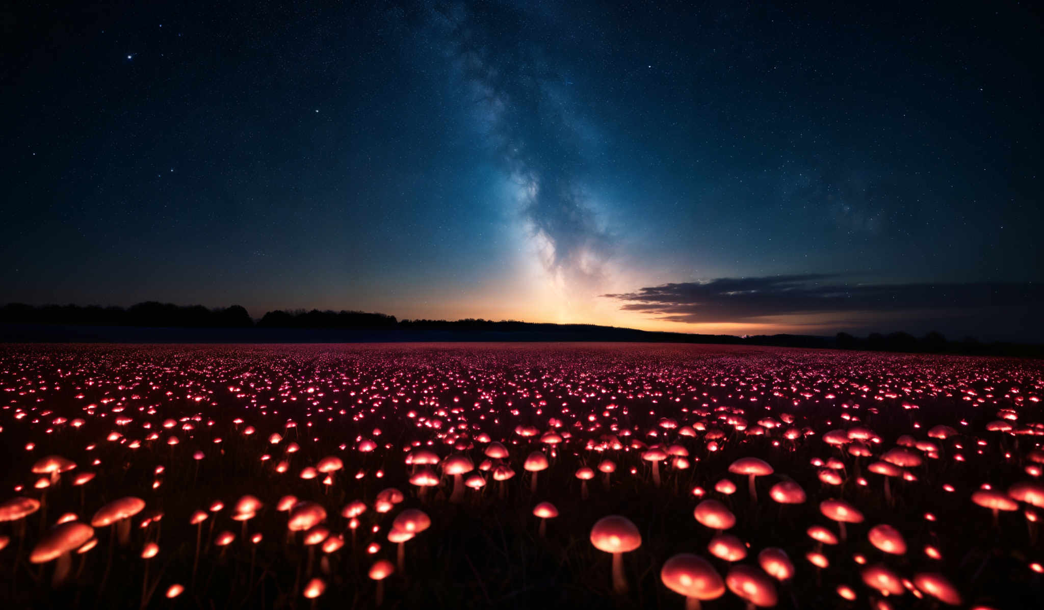 The image showcases a vast field of luminescent mushrooms that glow in a warm, reddish hue. These mushroom-like structures are scattered across the field, creating a mesmerizing pattern. Above the field is a vast expanse of the night sky, dotted with countless stars and the magnificent Milky Way galaxy stretching across it. The horizon shows a faint glow, possibly from a setting or rising sun, and there are silhouettes of trees in the distance.