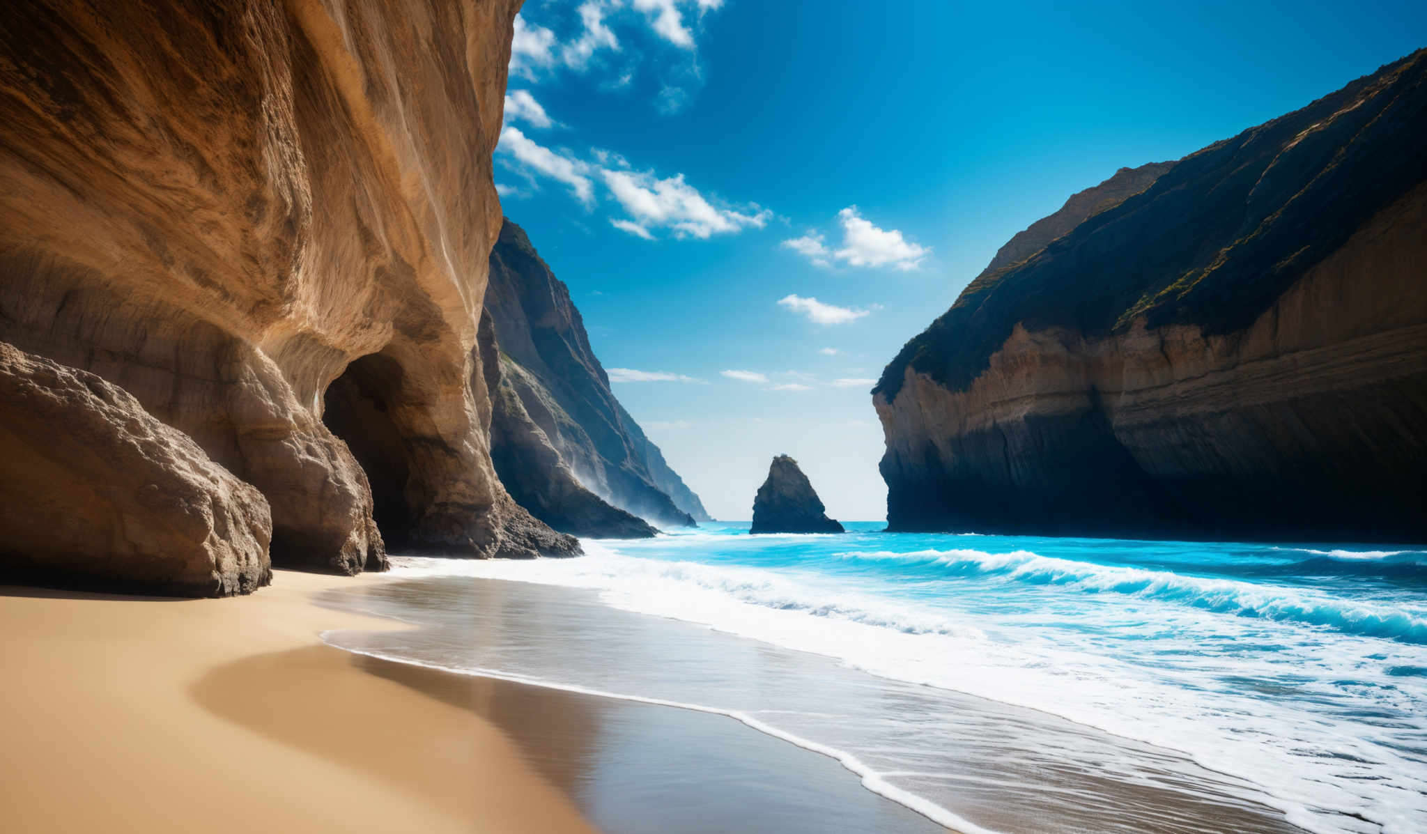 The image showcases a breathtaking coastal landscape. The dominant colors are the deep blue of the ocean, the golden-brown of the sandy beach, and the rich green of the cliffs. The cliffs are tall and have a unique layered appearance, suggesting years of erosion. They are adorned with patches of green vegetation, hinting at a certain level of soil retention. The waves crash against the base of the rocks, producing white foam. In the distance, there are more cliffs and a few rock formations emerging from the water. The sky is clear with a few scattered clouds, allowing for ample sunlight to illuminate the scene.