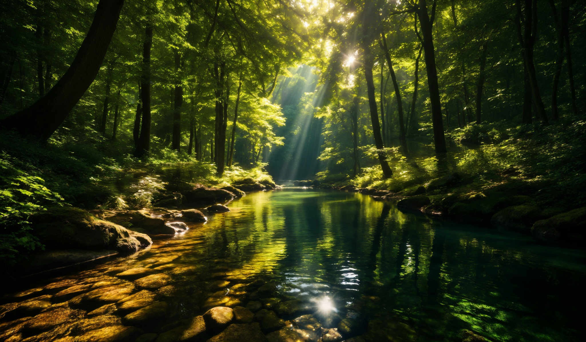 The image showcases a serene forest scene with tall, slender trees whose leaves are a lush green. Sunlight filters through the canopy, casting a warm, golden hue on the scene. A calm river flows through the forest, its waters reflecting the surrounding greenery and the sunlight. The riverbed is strewn with smooth, rounded stones. The overall color palette is dominated by various shades of green, complemented by the golden tones of the sun and the dark silhouettes of the trees.