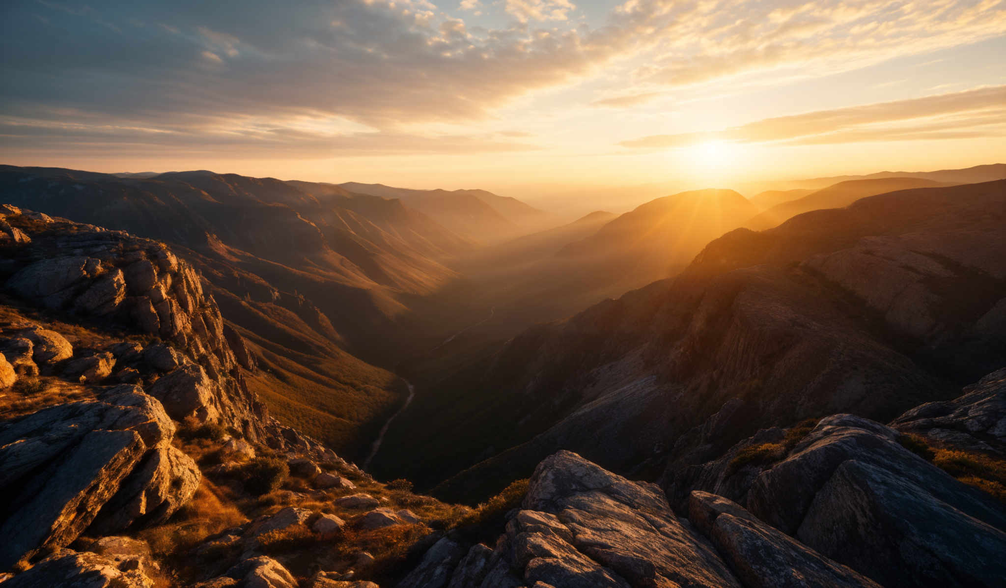 The image showcases a breathtaking landscape during sunset. The sky is painted with hues of orange, gold, and blue, with the sun casting a golden glow over the mountains. The mountains themselves are rugged with sharp peaks and deep valleys. The sun's rays pierce through the valleys, creating a radiant effect. The foreground features rocky outcrops with patches of grass, and the entire scene exudes a sense of serenity and awe.