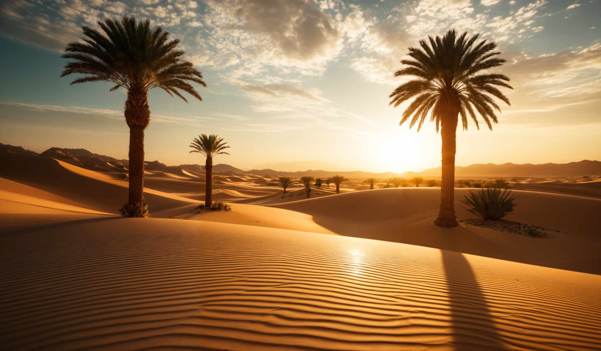 The image showcases a desert landscape during sunset. The dominant colors are warm hues of orange, gold, and brown, reflecting the sun's glow on the sand dunes. The dunes have intricate patterns, likely formed by the wind, and are shaped like gentle waves. The sun is positioned near the horizon, casting long shadows of the palm trees on the dunes and creating a radiant glow that illuminates the scene. The palm tree trunks are tall and slender, with a fan-like canopy. The sky is a mix of soft blue and white, with scattered clouds that add depth to the scene and contrast with the golden hues below.