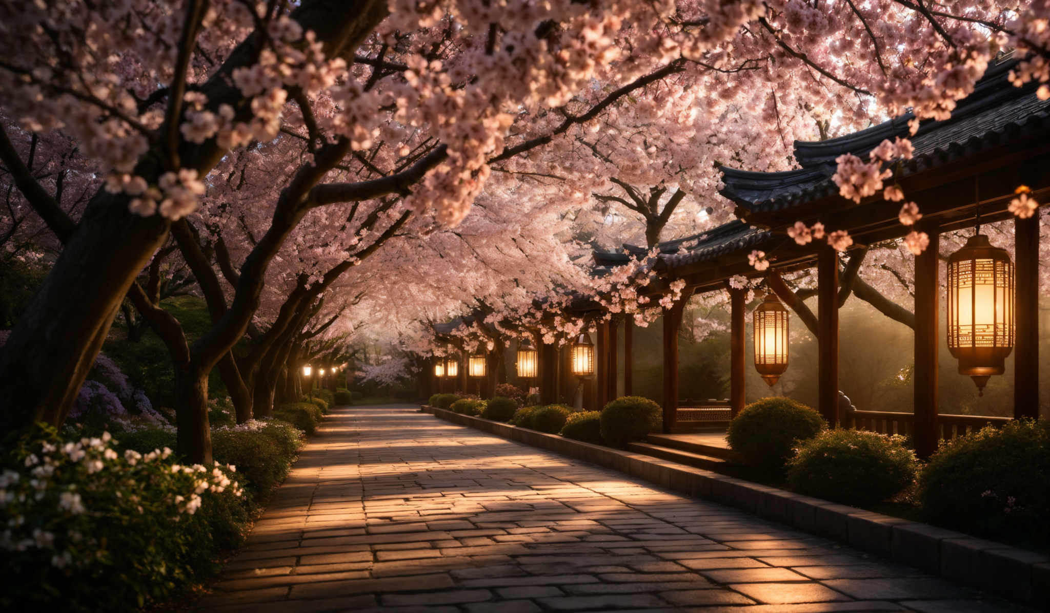 The image showcases a serene pathway lined with cherry blossom trees in full bloom. The trees have a dense canopy of pink blossoms, creating a picturesque scene. Along the pathway, there are traditional wooden structures with ornate roofs, each adorned with a glowing lantern. The pathway itself is made of stone tiles, arranged in a neat pattern, and is illuminated by the soft light from the lanterns. The overall ambiance is tranquil, with a hint of warmth from the illuminations.