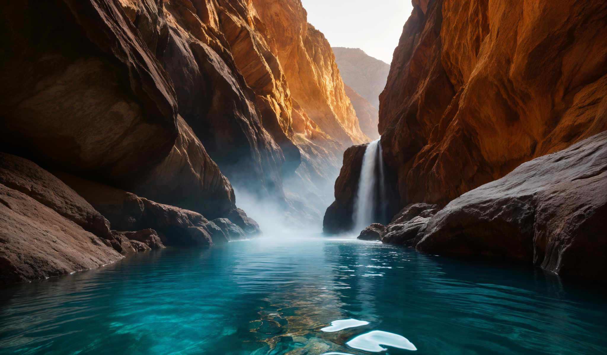 The image showcases a breathtaking natural landscape. The dominant colors are the rich browns and oranges of the rocky cliffs, contrasted by the vibrant turquoise of the water. The cliffs are tall and rugged, with intricate patterns and textures, suggesting years of erosion. A waterfall cascades down from a height, producing a misty aura. The water below is calm, reflecting the colors of the cliffs and the sky. The overall shape is that of a narrow canyon or gorge, with the water acting as a serene river flowing through it.