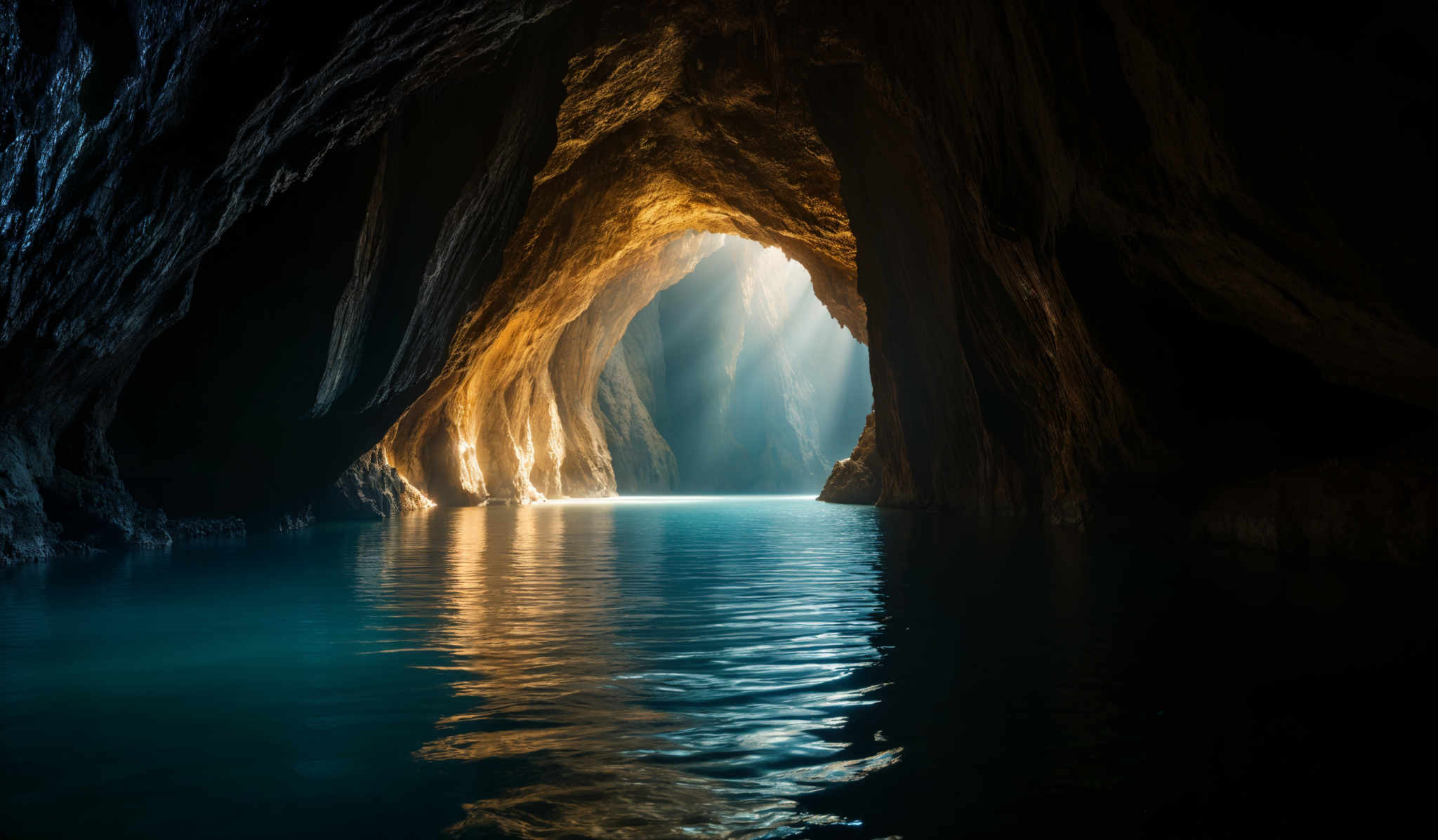 The image showcases a breathtaking view of a cave. The cave's walls are rugged and have a deep, dark hue, contrasting with the bright, golden light that streams in from an opening at the top. This light illuminates the cave' serene waters, casting a beautiful reflection on the surface. The water is a deep shade of blue, and its calmness is evident from the smooth ripples on its surface.