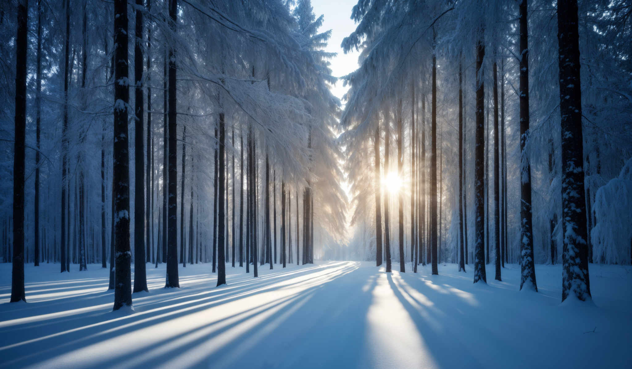 The image showcases a serene winter landscape. The dominant colors are shades of blue and white, representing the snow-covered ground and the frosty trees. The trees are tall and slender, with their branches heavily laden with snow, creating a dense canopy. The sun is shining through the trees, casting long shadows on the snow and illuminating the scene with a warm golden hue. The overall shape is symmetrical, with the sun acting as a central focal point, drawing the viewer's eye through the forest.