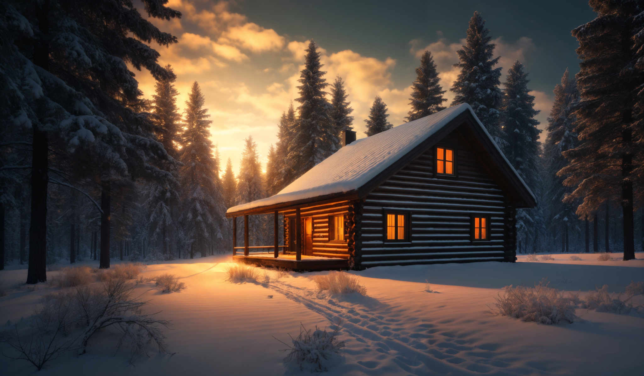 The image showcases a serene winter landscape. Dominating the scene are tall, snow-covered pine trees with their branches laden with fresh snow. The ground is blanketed in a thick layer of snow, with footprints leading up to a cozy wooden cabin. The cabin, with its steep roof, is illuminated from within, casting a warm, golden glow that contrasts beautifully with the cold, blue hues of the surrounding environment. The sky is painted with hues from a setting or rising sun, casting an orange and pink glow, which further enhances the tranquil ambiance of the scene.