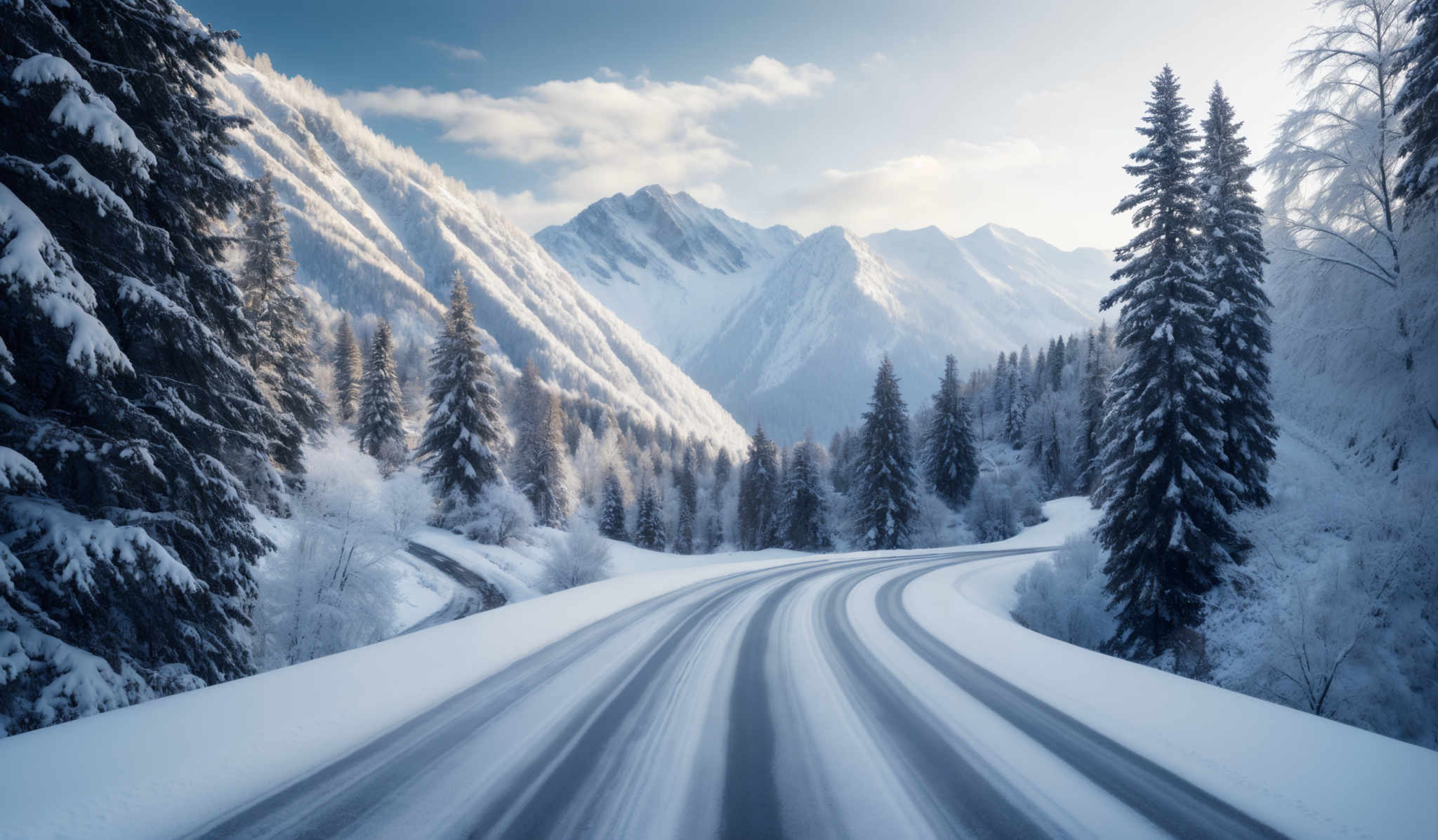 The image showcases a breathtaking winter landscape. Dominating the scene are tall, snow-covered pine trees, their branches weighed down by the thick blanket of white snow. The mountains in the background are majestic, with their peaks touching the sky. The sun casts a soft glow on the snowy landscape, creating a serene ambiance. In the foreground, there's a winding road covered in snow, with tire tracks visible, suggesting recent travel. The sky is partly cloudy, allowing some sunlight to shine through and illuminate the scene.