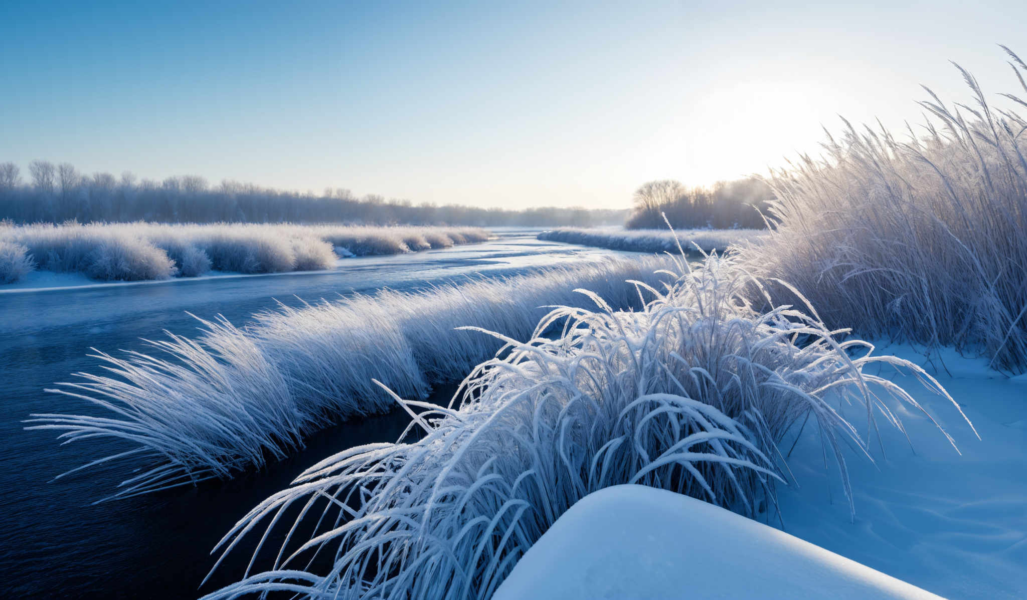 The image showcases a serene winter landscape. The dominant colors are shades of blue, white, and a hint of golden yellow from the sun. The landscape is dominated by tall grasses covered in a thick layer of frost or snow, creating a crystalline appearance. These grasses are positioned alongside a calm body of water, which reflects the surrounding scenery. In the background, there's a line of trees, also covered in frost, and the sun is seen peeking through the horizon, casting a warm glow over the scene.